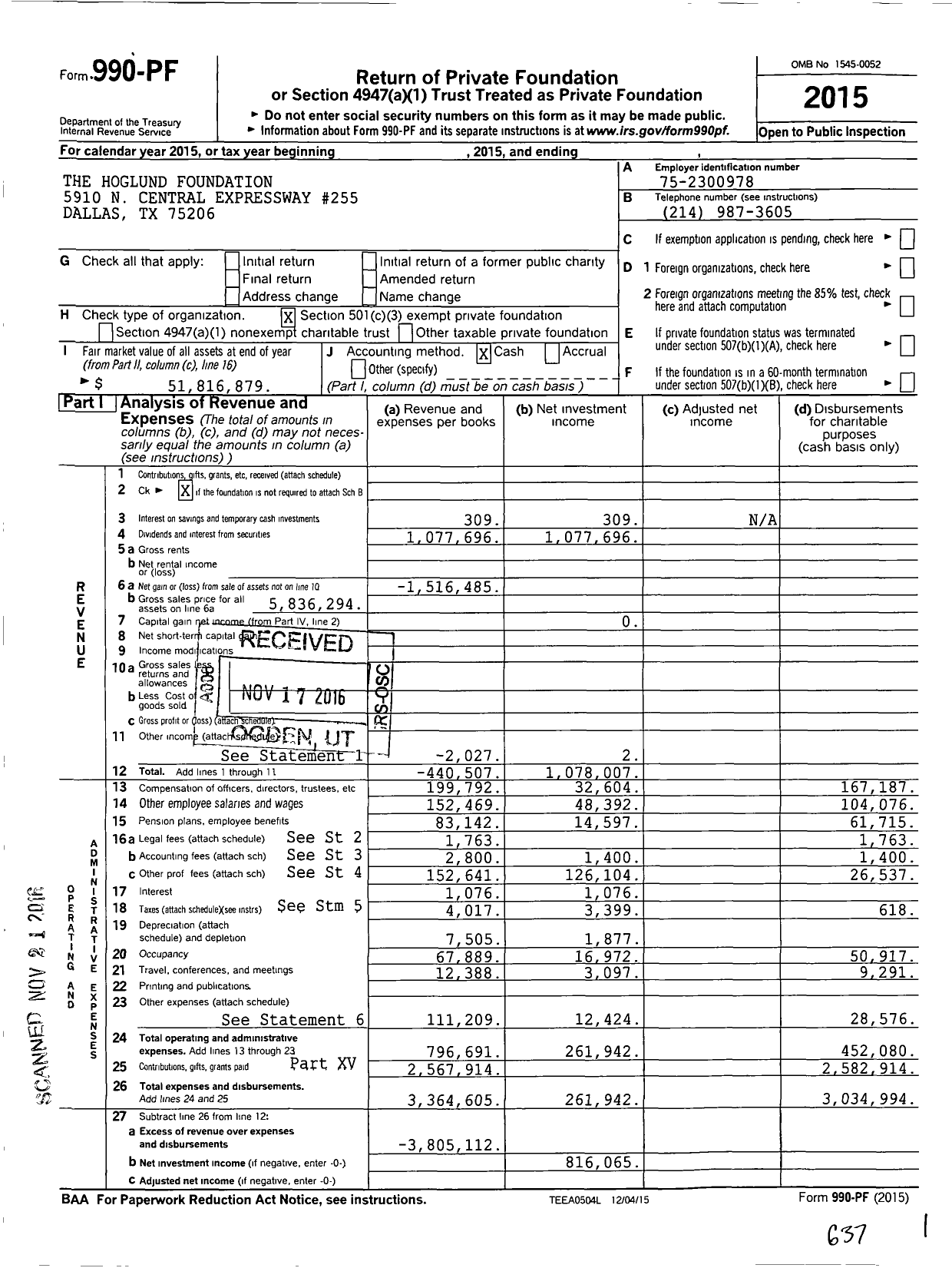 Image of first page of 2015 Form 990PF for The Hoglund Foundation