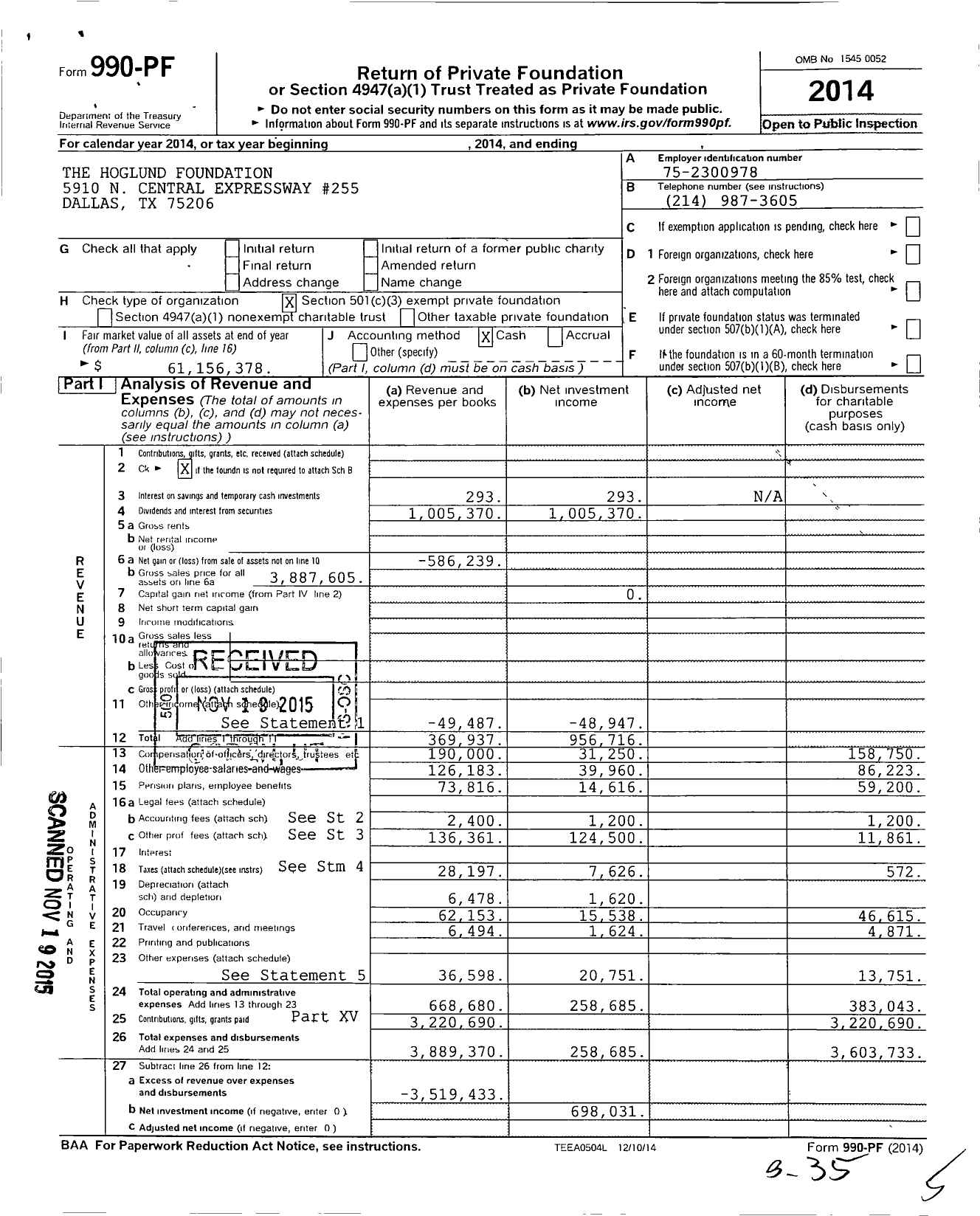 Image of first page of 2014 Form 990PF for The Hoglund Foundation