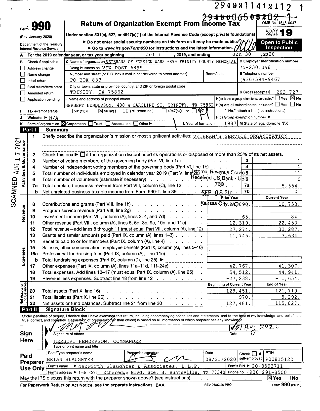 Image of first page of 2019 Form 990O for Texas VFW - VFW Post 6899