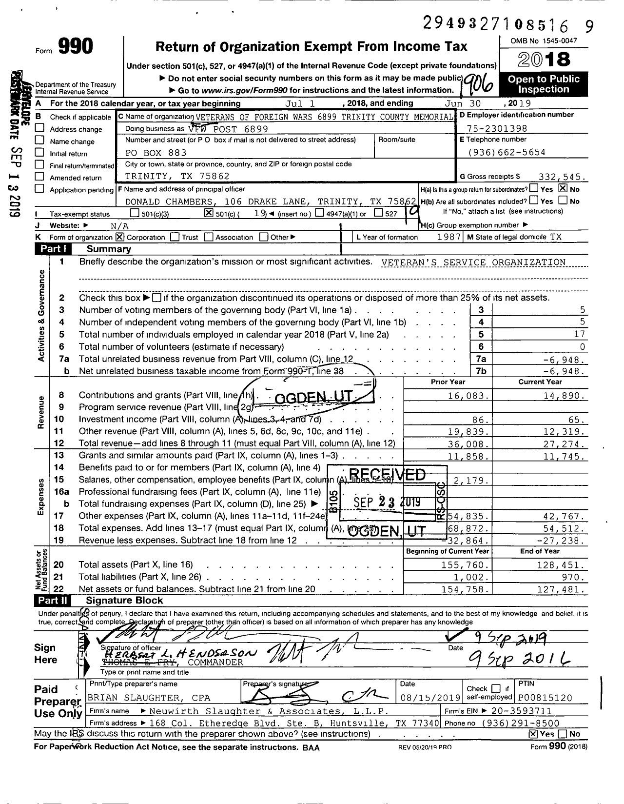 Image of first page of 2018 Form 990O for Texas VFW - VFW Post 6899
