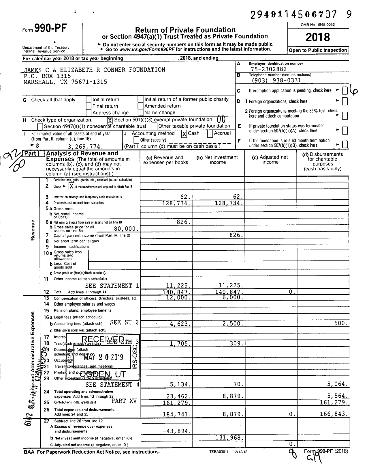 Image of first page of 2018 Form 990PF for James C & Elizabeth R Conner Foundation