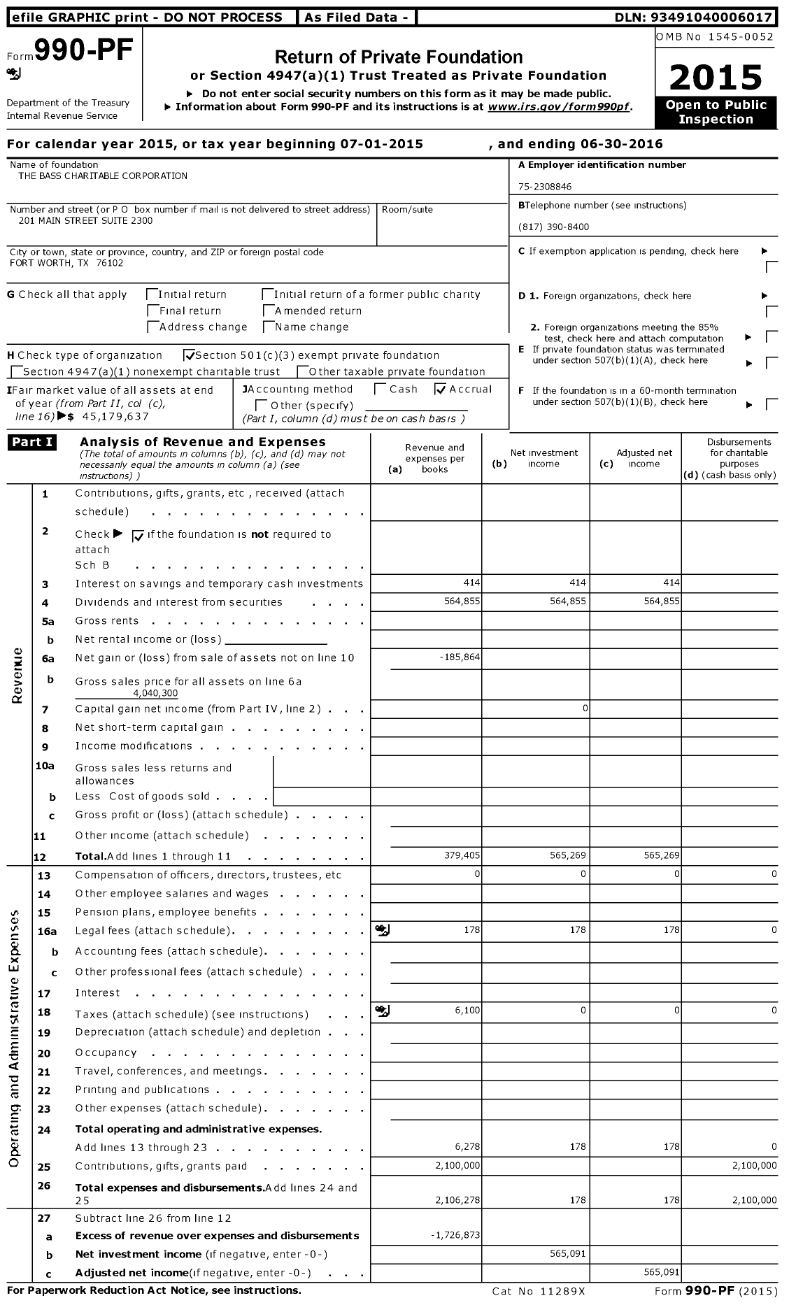 Image of first page of 2015 Form 990PF for The Bass Charitable Corporation
