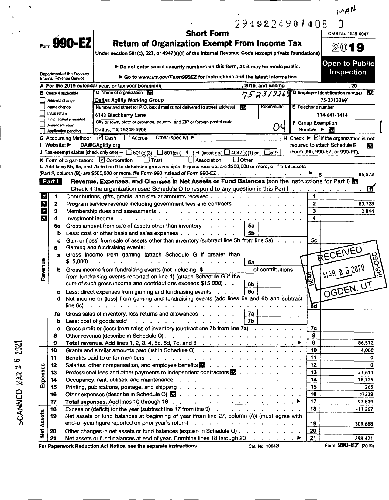 Image of first page of 2019 Form 990EO for Dallas Agility Working Group