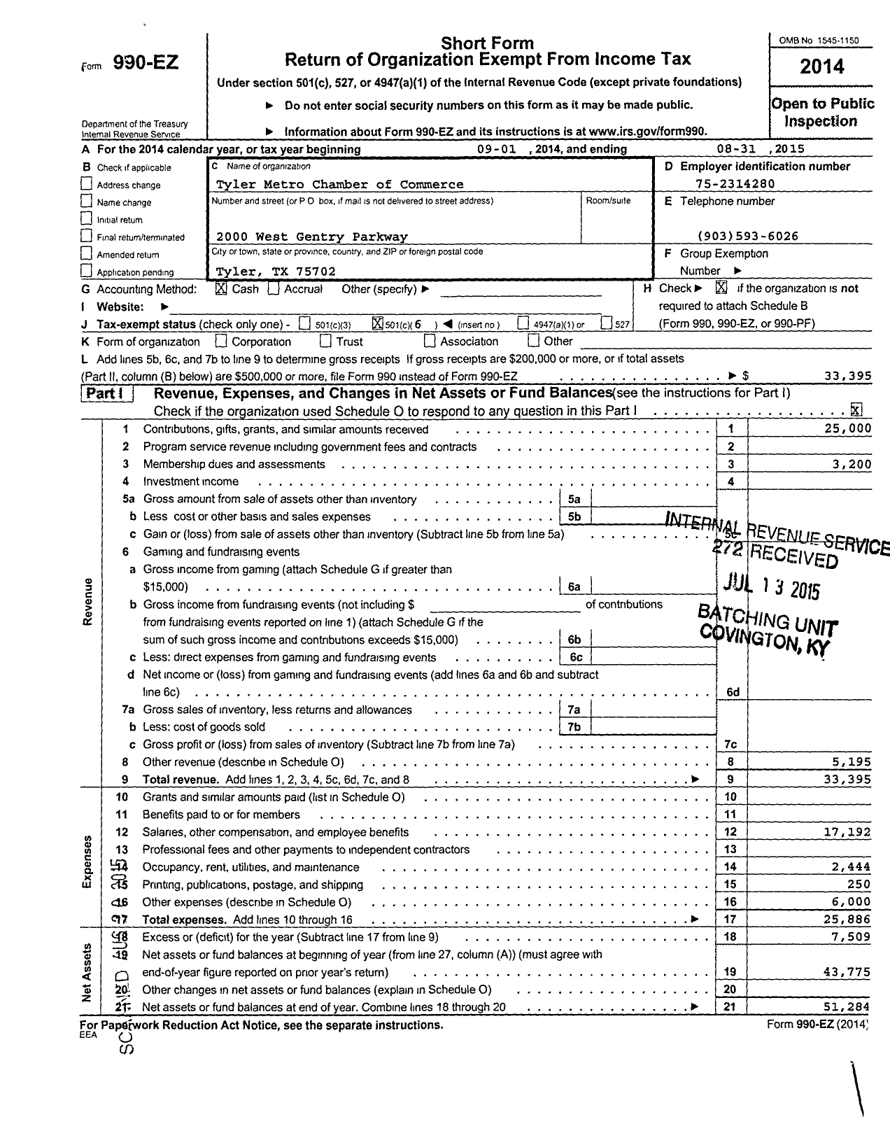 Image of first page of 2014 Form 990EO for Tyler Metropolitan Chamber of Commerce