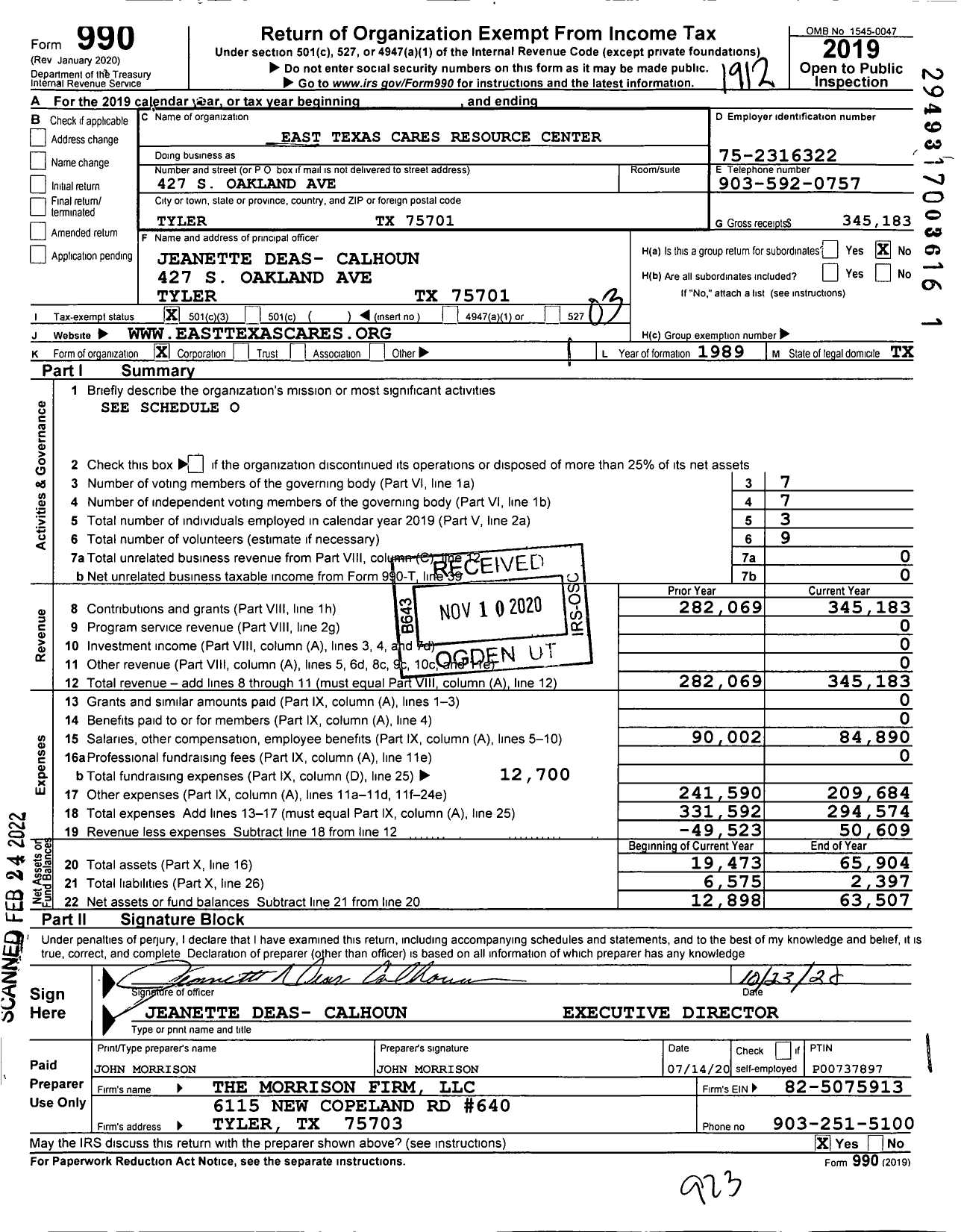 Image of first page of 2019 Form 990 for East Texas CARES Resources Center