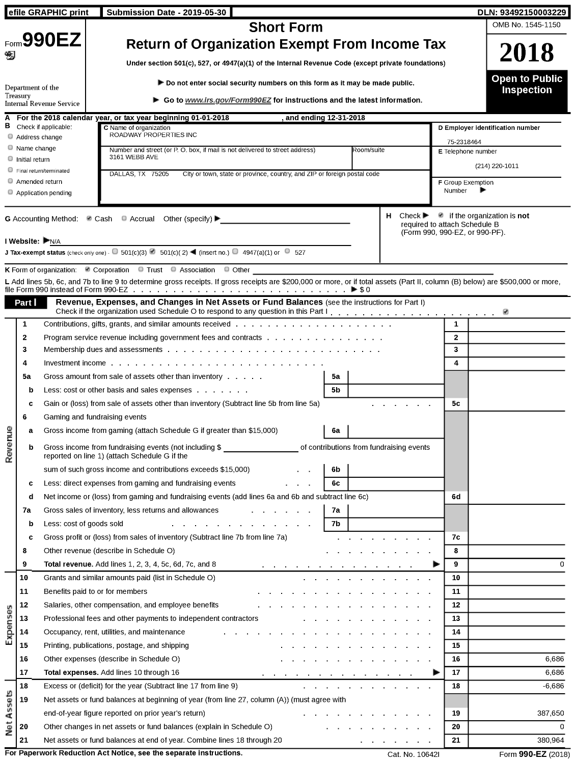 Image of first page of 2018 Form 990EZ for Roadway Properties