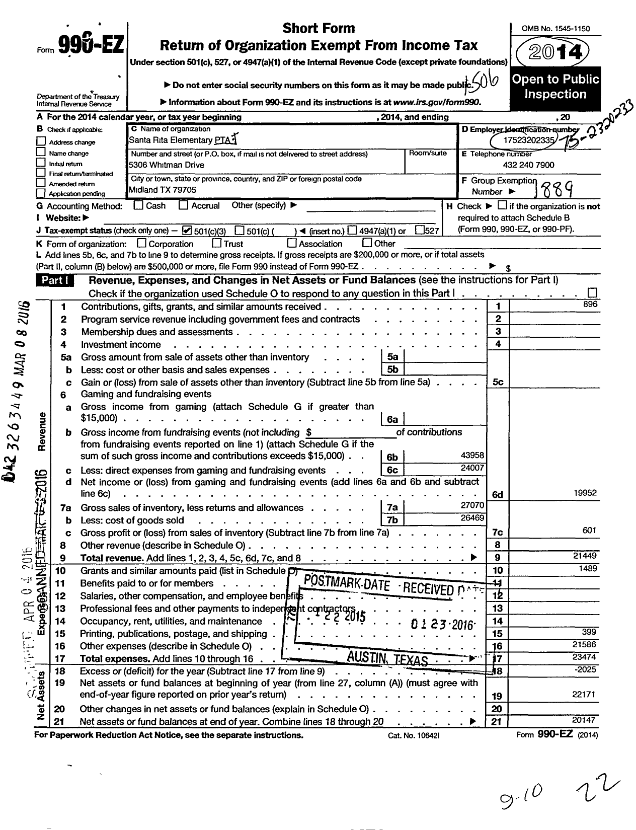 Image of first page of 2014 Form 990EZ for Texas PTA - 6850 Santa Rita Elementary PTA