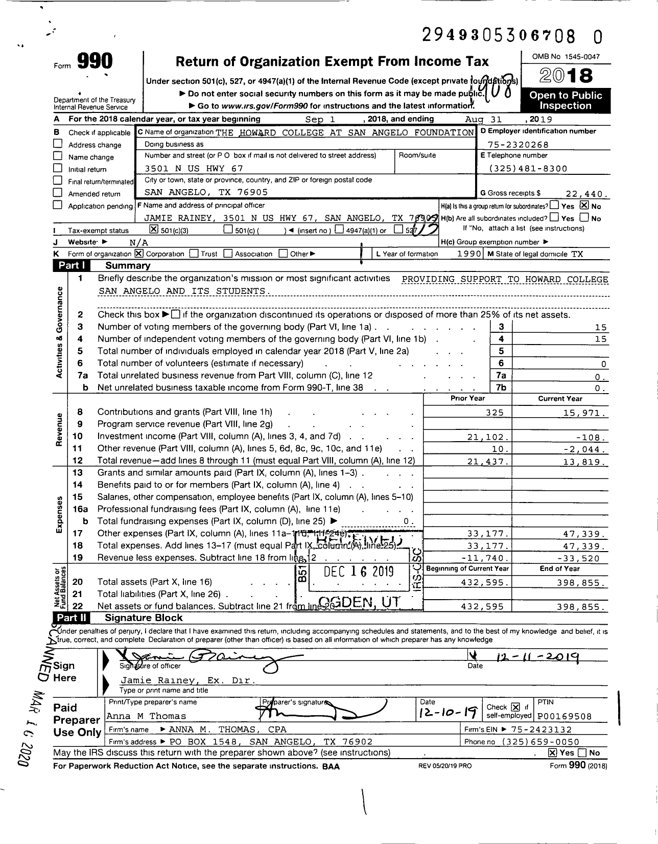 Image of first page of 2018 Form 990 for The Howard College at San Angelo Foundation