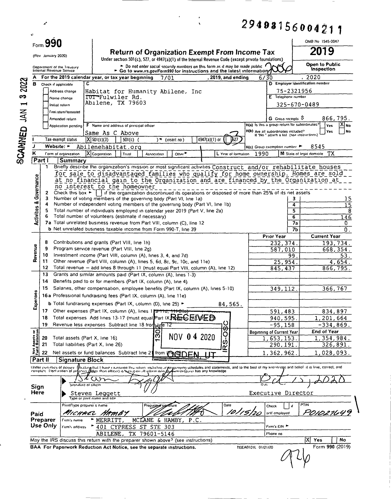 Image of first page of 2019 Form 990 for Habitat for Humanity - Abilene HFH