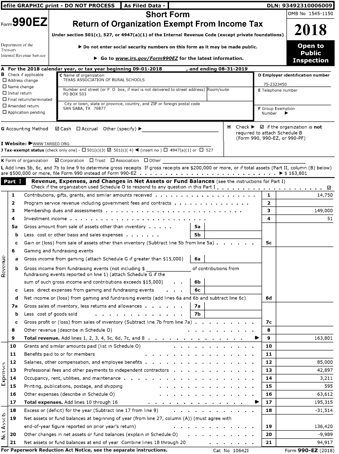 Image of first page of 2018 Form 990EO for Texas Association of Rural Schools