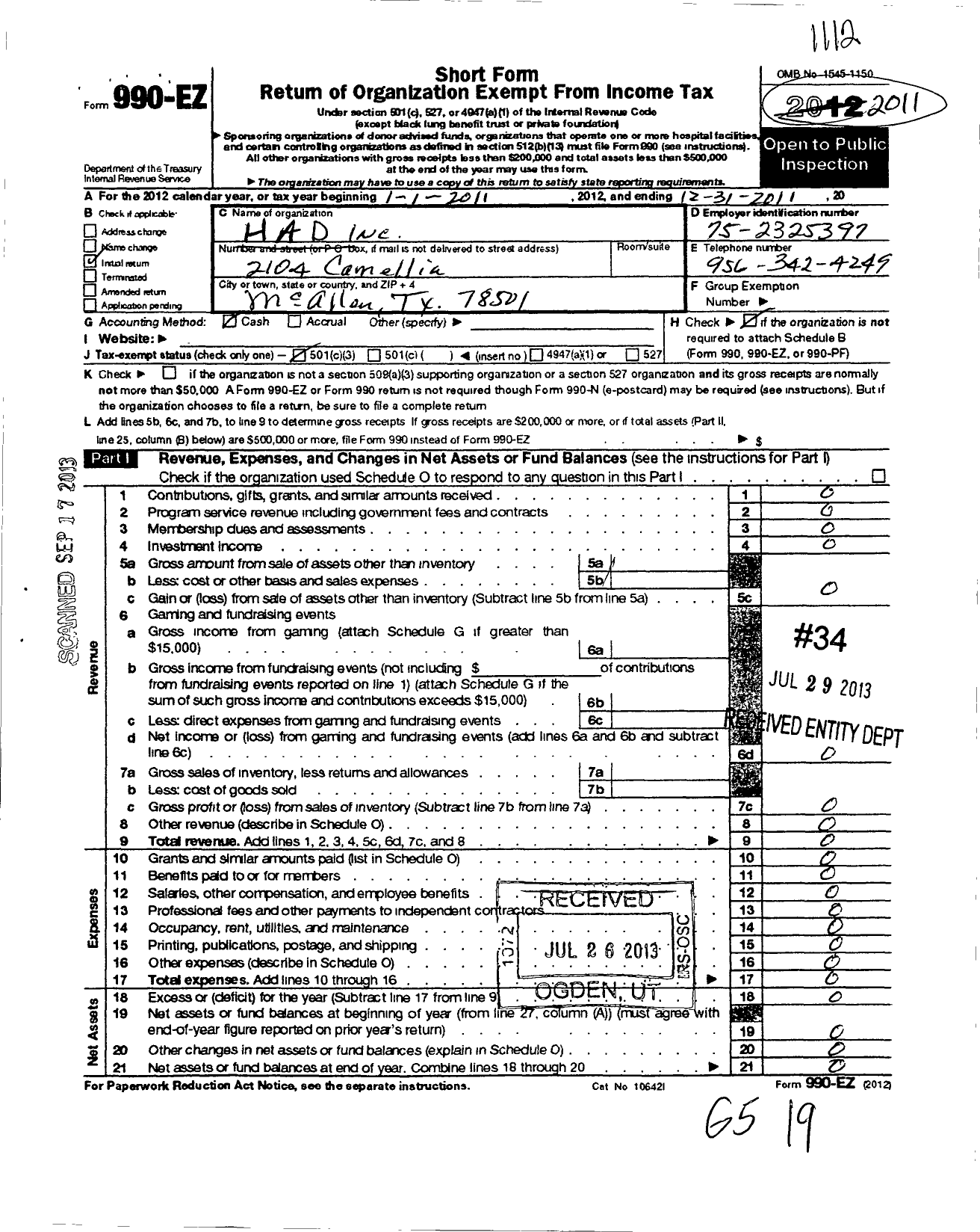 Image of first page of 2011 Form 990EZ for H A D