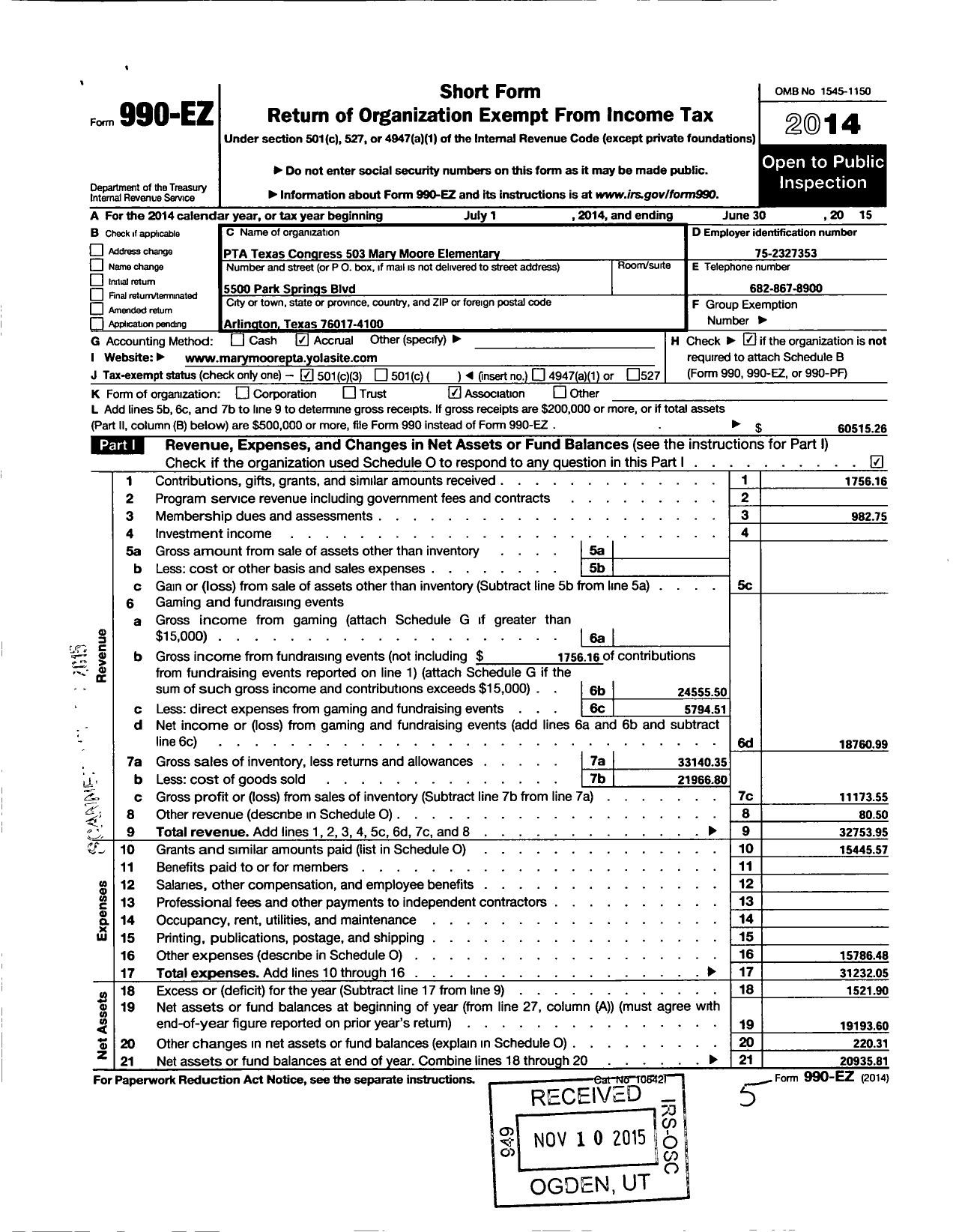 Image of first page of 2014 Form 990EZ for Texas PTA - 503 Mary Moore Elementary