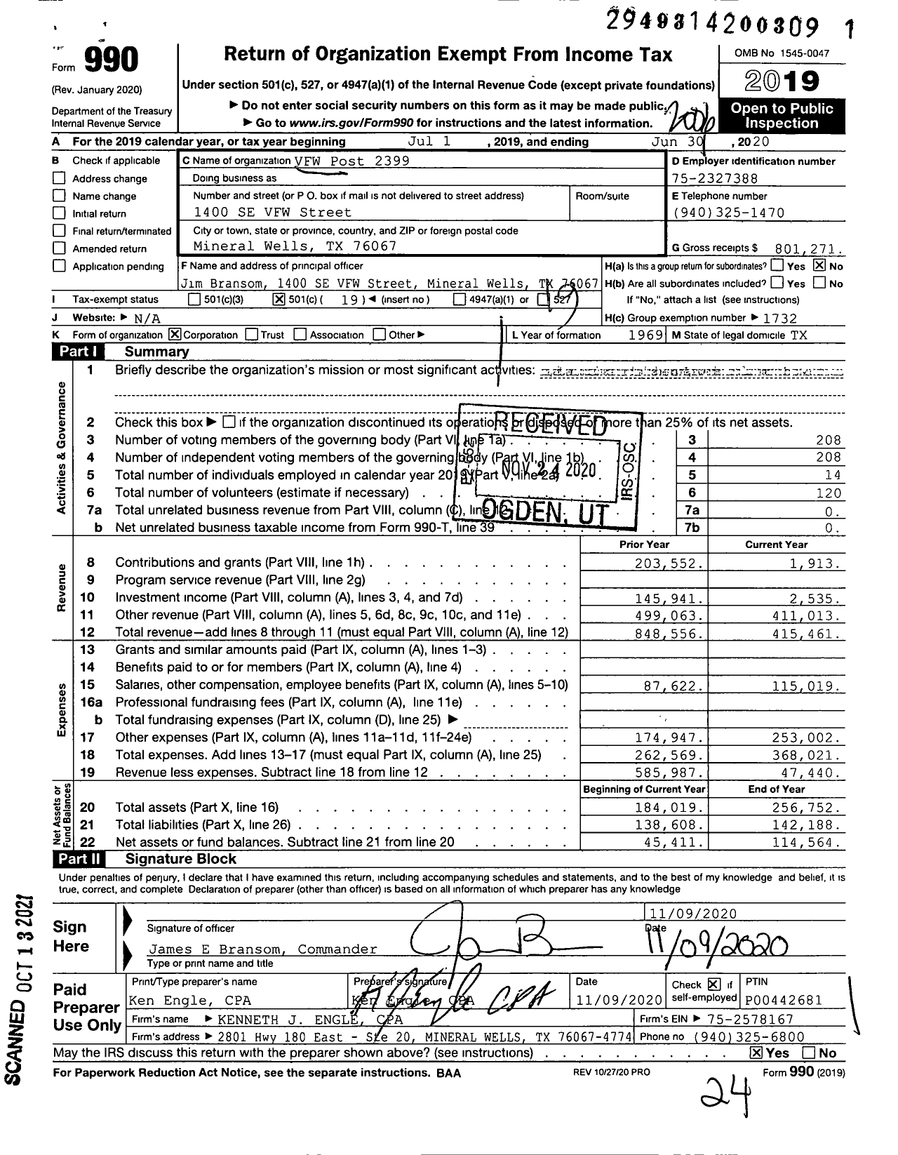 Image of first page of 2019 Form 990O for Texas VFW - Veterans of Foreign Wars