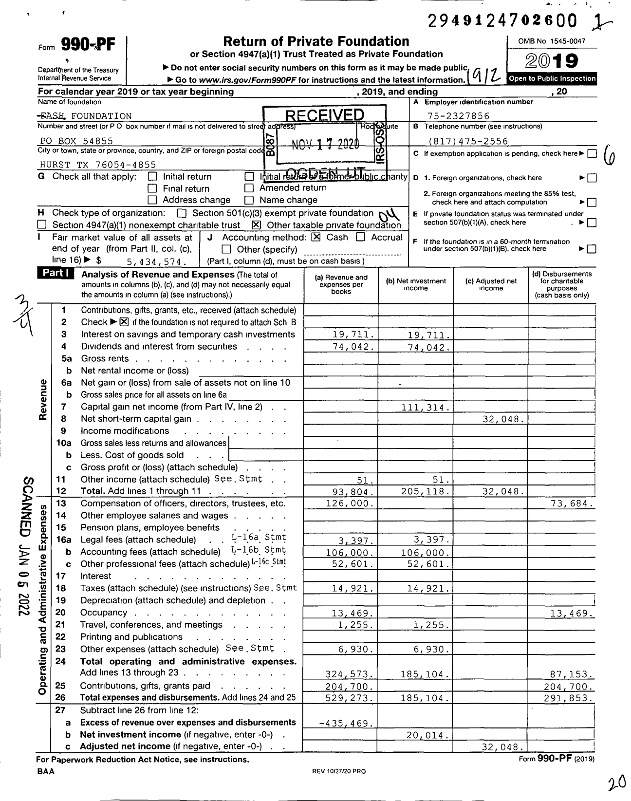 Image of first page of 2019 Form 990PF for Fash Foundation