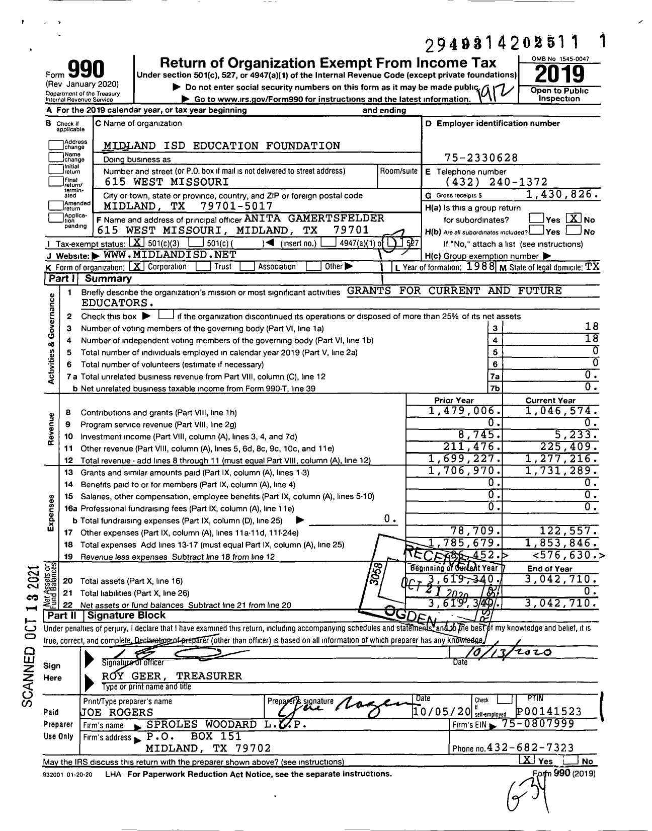 Image of first page of 2019 Form 990 for Midland Isd Education Foundation