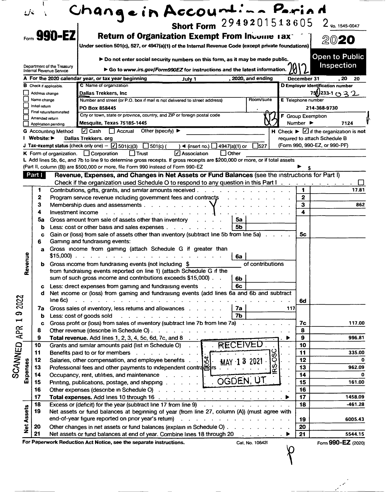 Image of first page of 2020 Form 990EZ for American Volkssport Association - 34 Dallas Trekkers