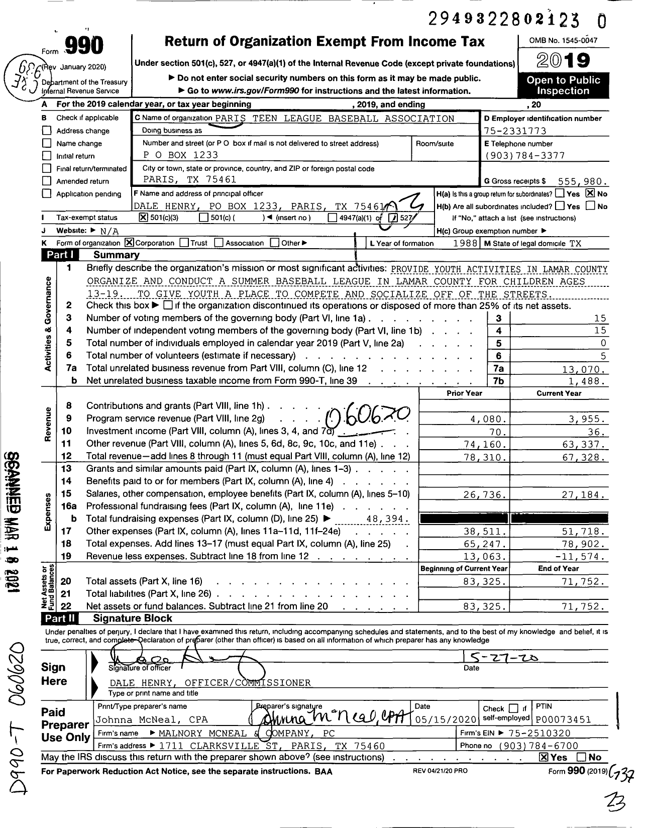 Image of first page of 2019 Form 990 for Paris Teen League Baseball Association