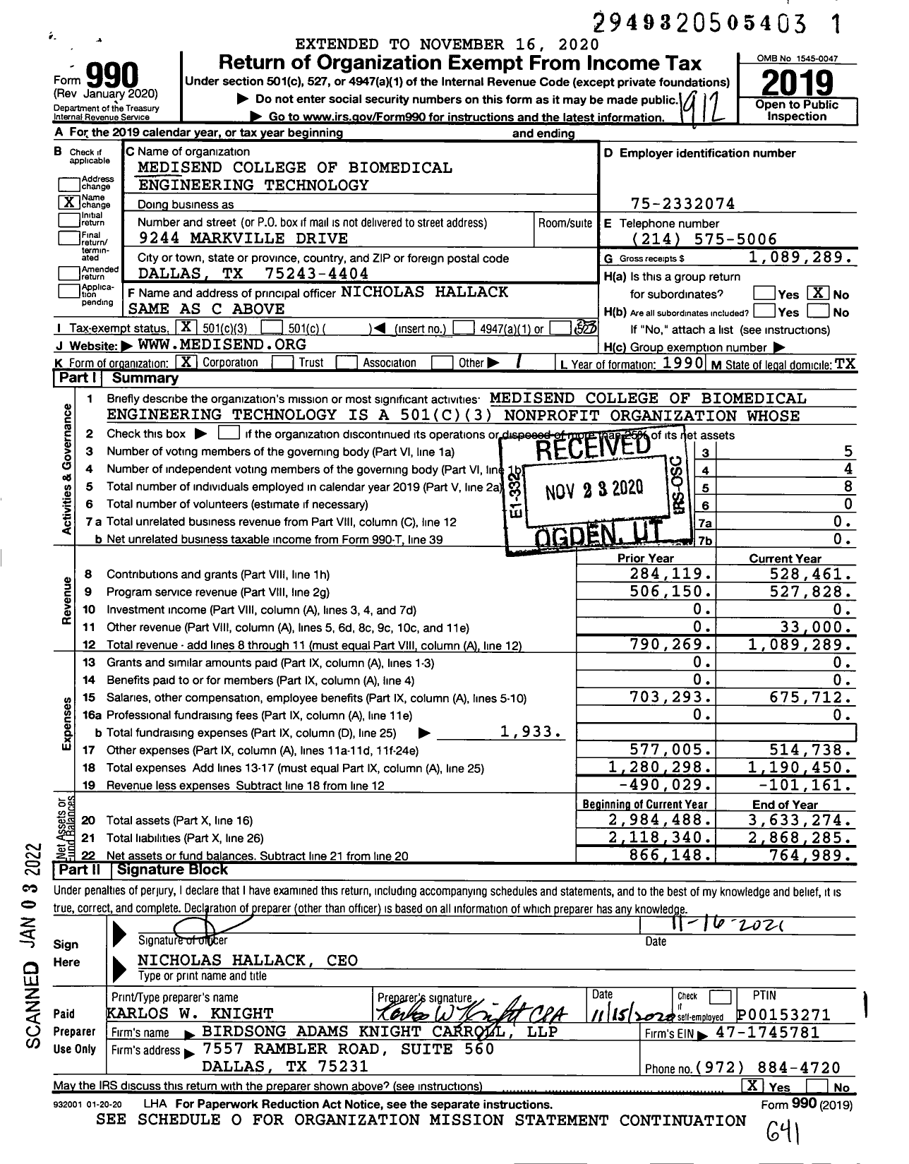 Image of first page of 2019 Form 990 for MedisendInternational College of Biomedical Engineering Technology