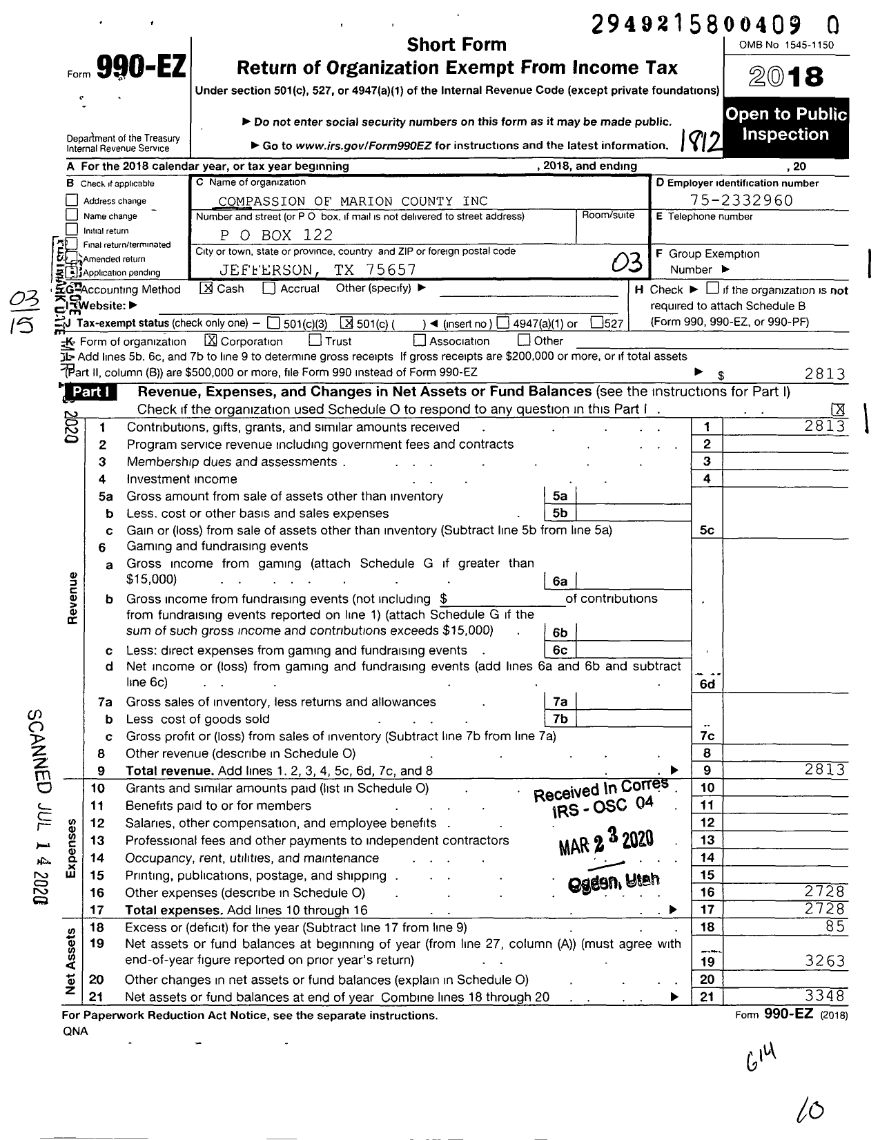 Image of first page of 2018 Form 990EZ for Compassion of Marion County