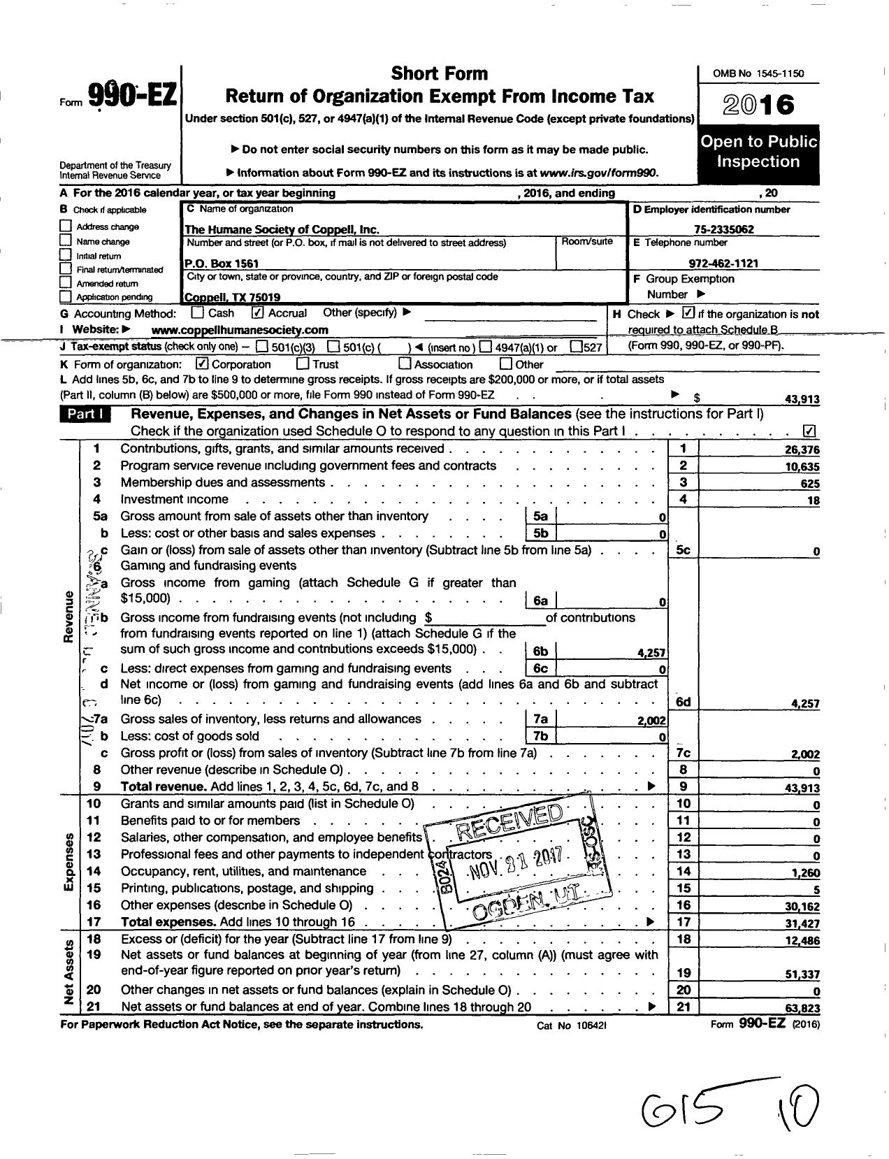 Image of first page of 2016 Form 990EO for Coppell Humane Society