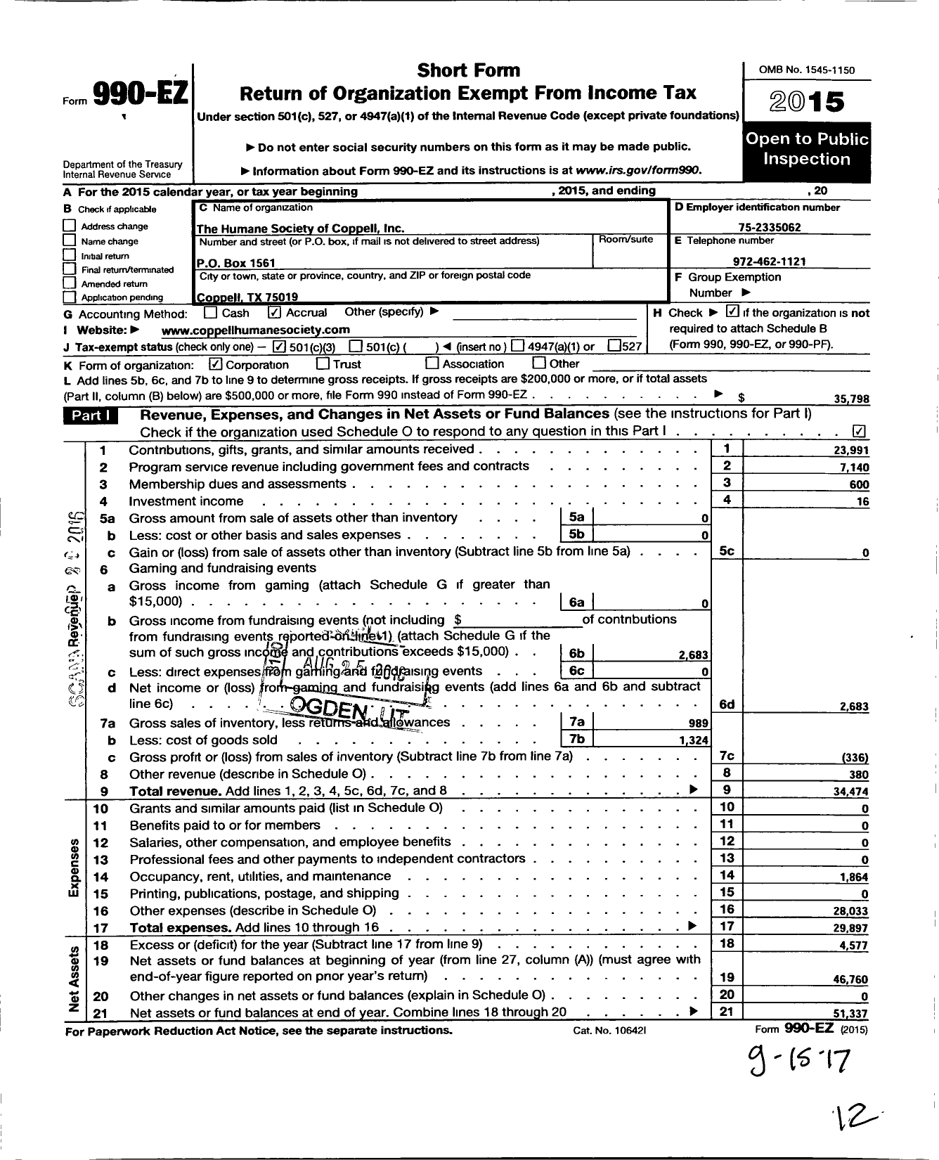 Image of first page of 2015 Form 990EZ for Coppell Humane Society