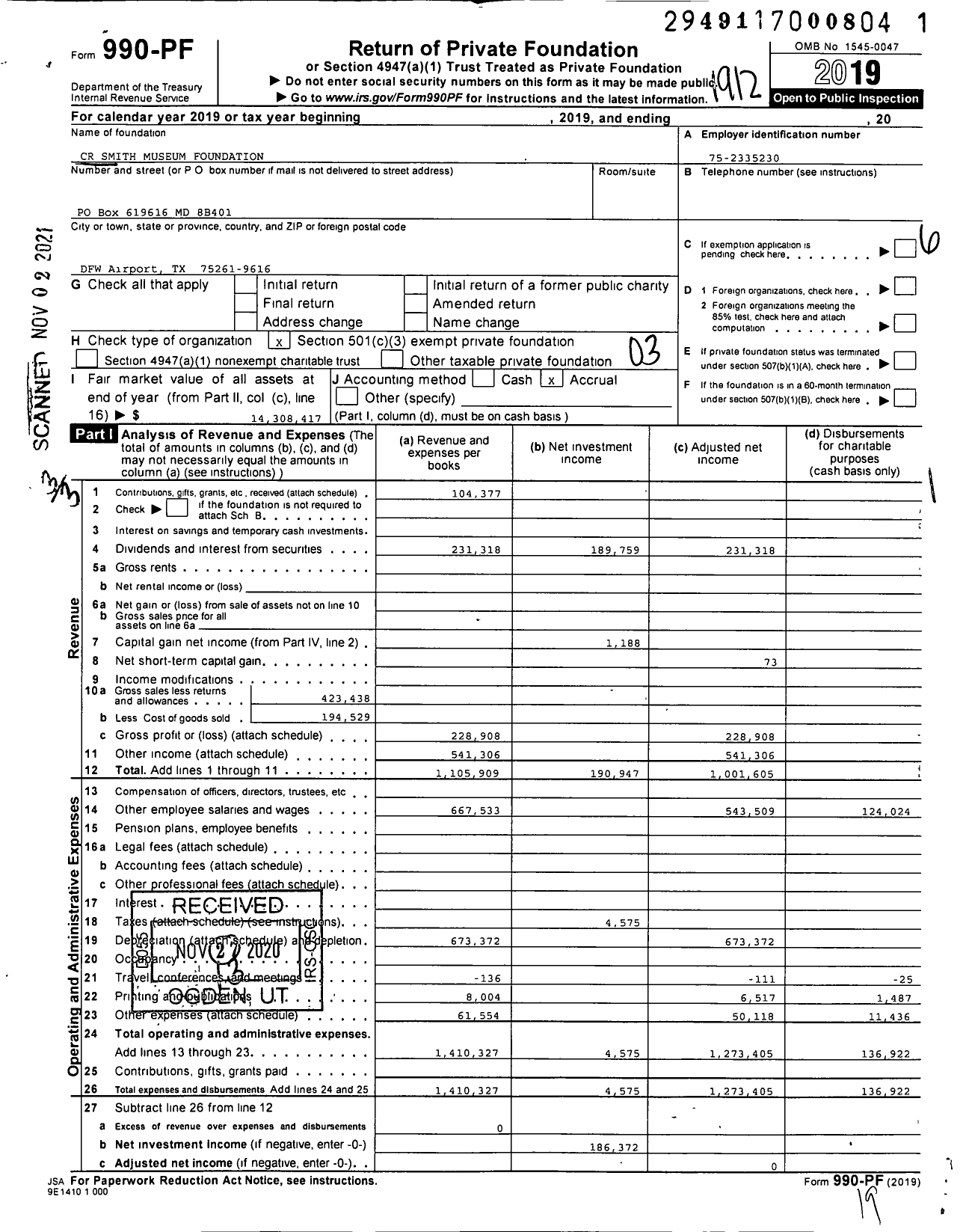 Image of first page of 2019 Form 990PF for CR Smith Museum Foundation