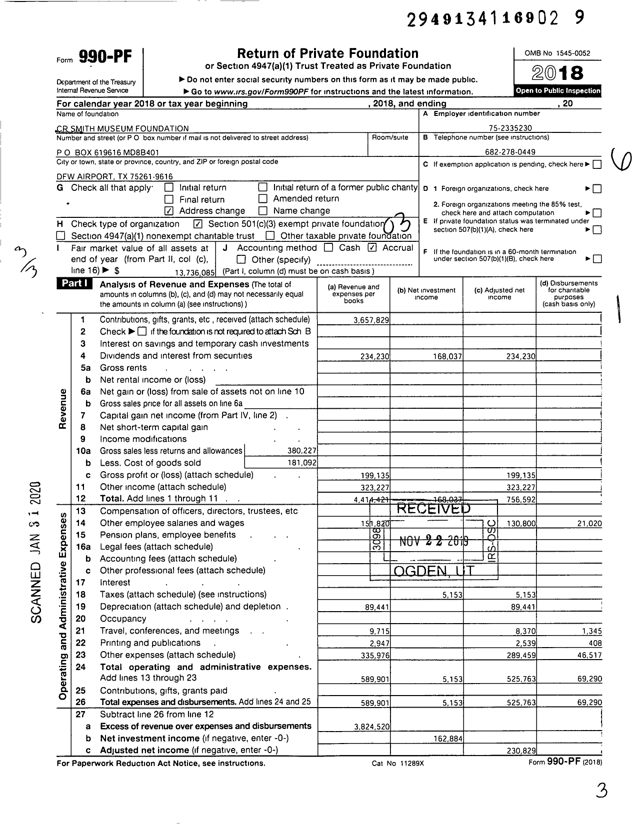 Image of first page of 2018 Form 990PF for CR Smith Museum Foundation