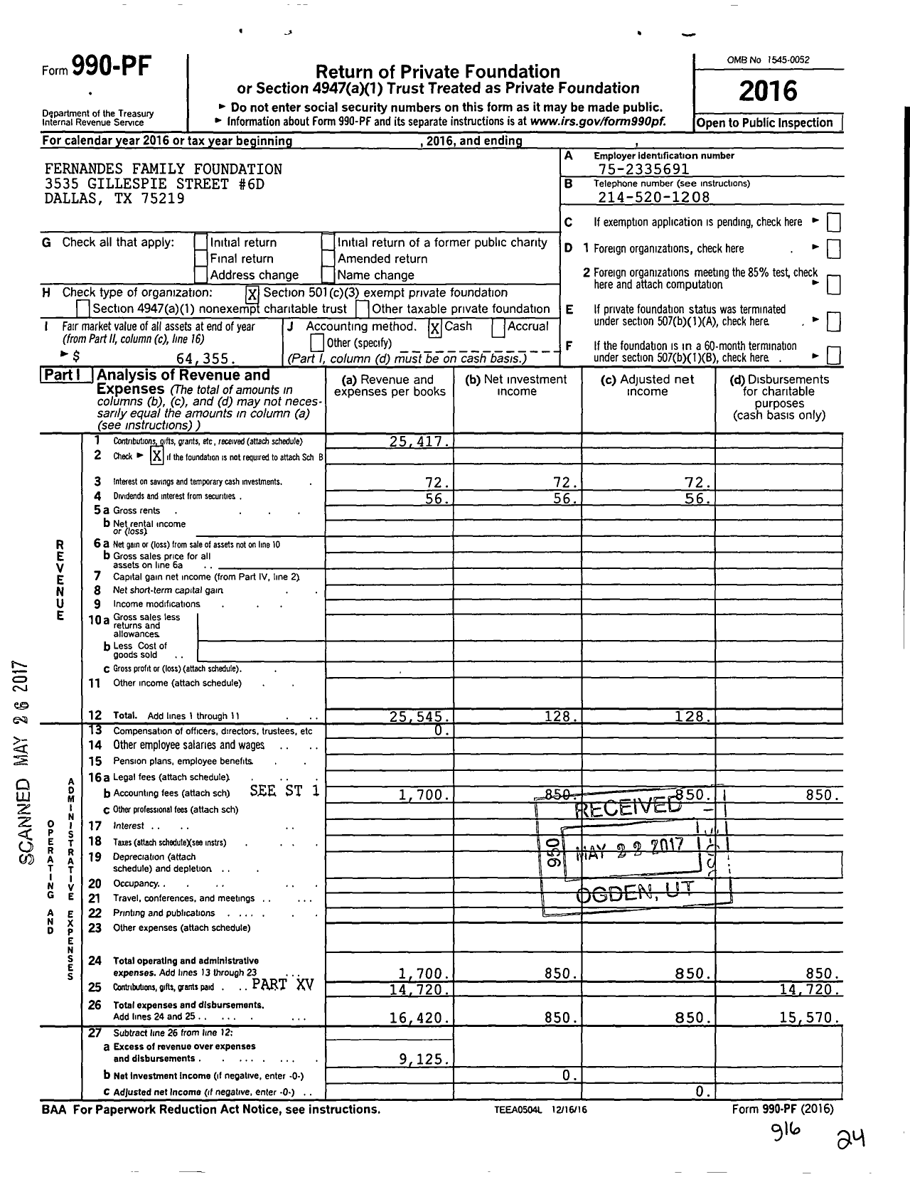 Image of first page of 2016 Form 990PF for Fernandes Family Foundation