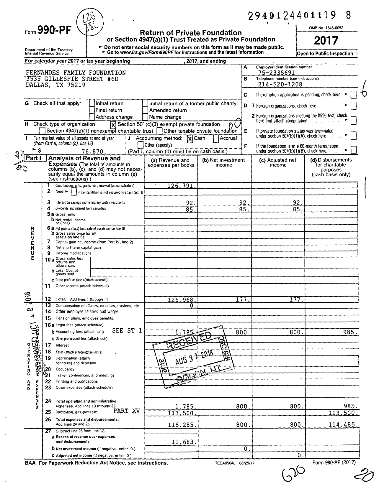 Image of first page of 2017 Form 990PF for Fernandes Family Foundation