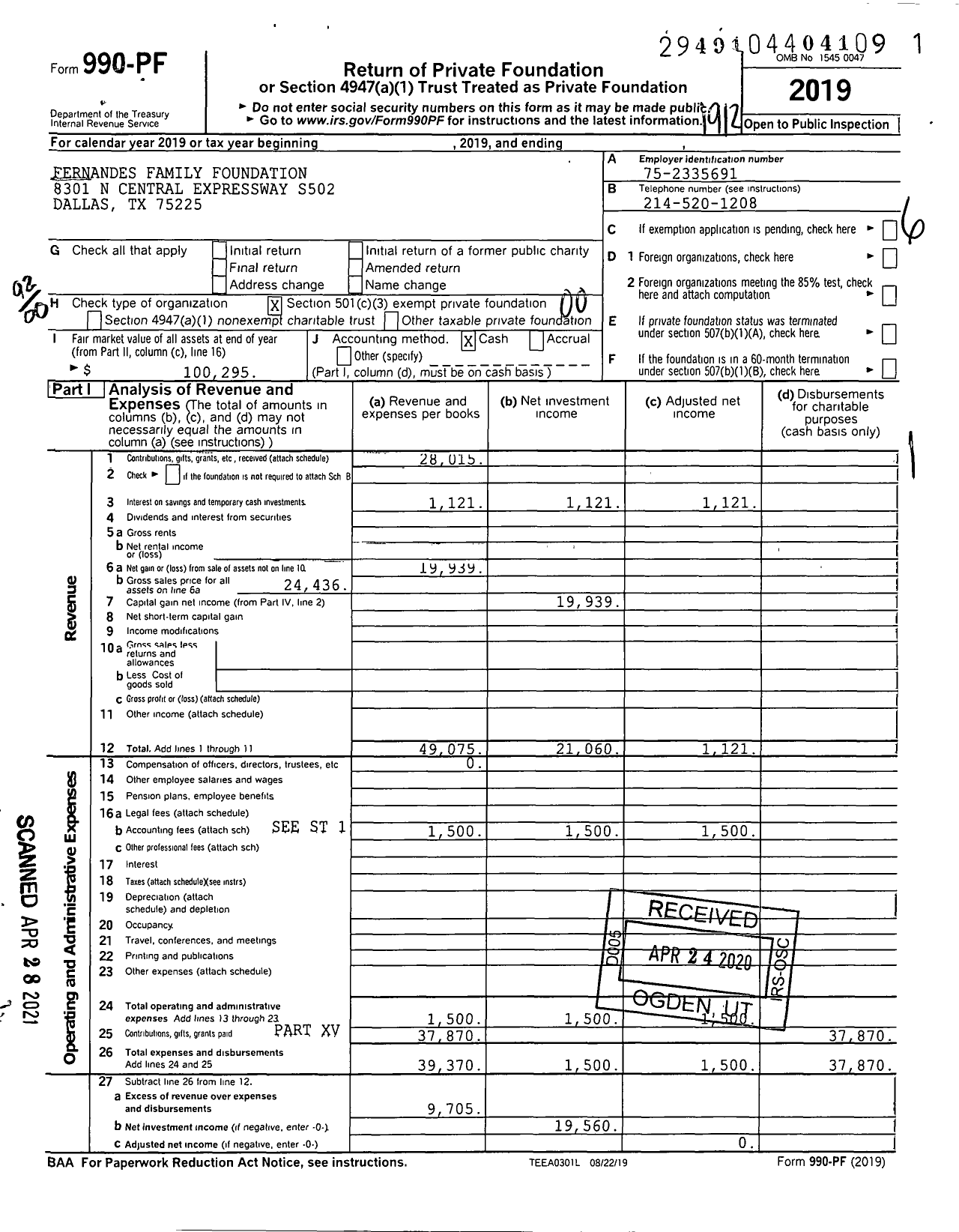 Image of first page of 2019 Form 990PF for Fernandes Family Foundation