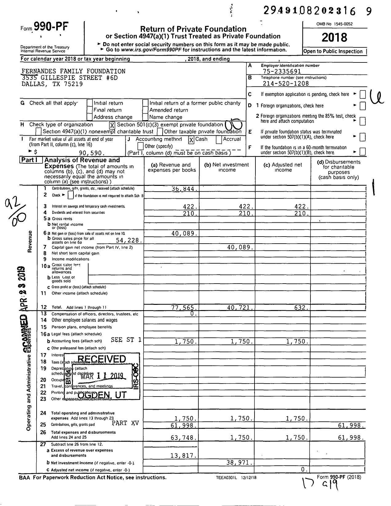 Image of first page of 2018 Form 990PF for Fernandes Family Foundation