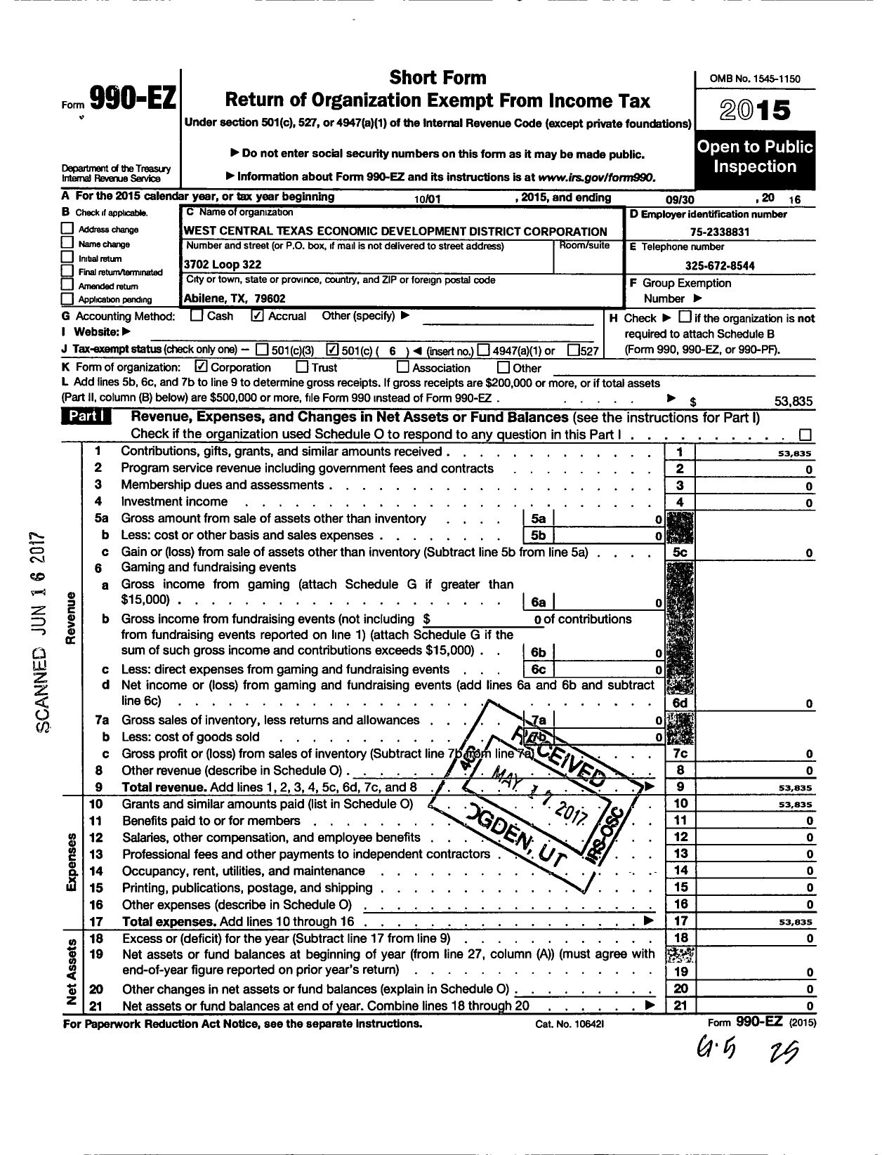 Image of first page of 2015 Form 990EO for West Central Texas Economic Development District Corporation