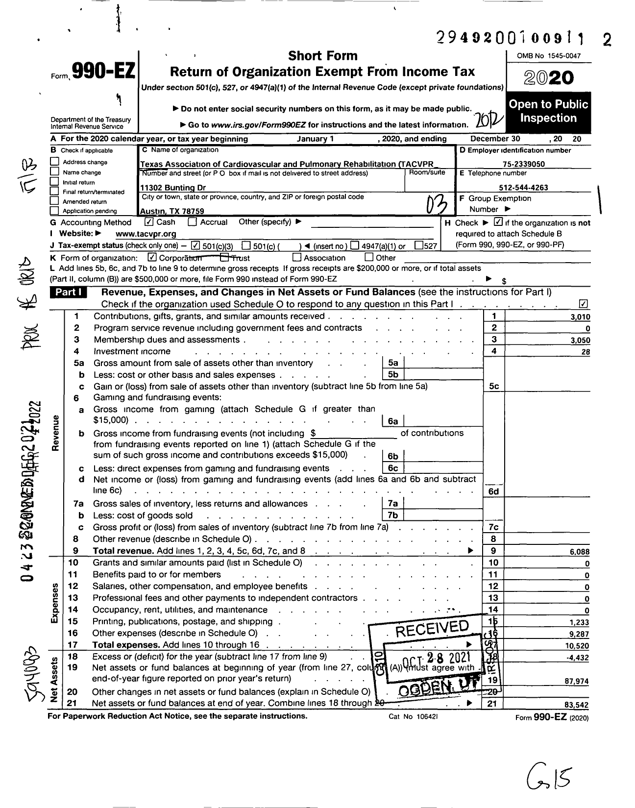 Image of first page of 2020 Form 990EZ for Texas Association of Cardiovascular and Pulmonary Rehabilitation