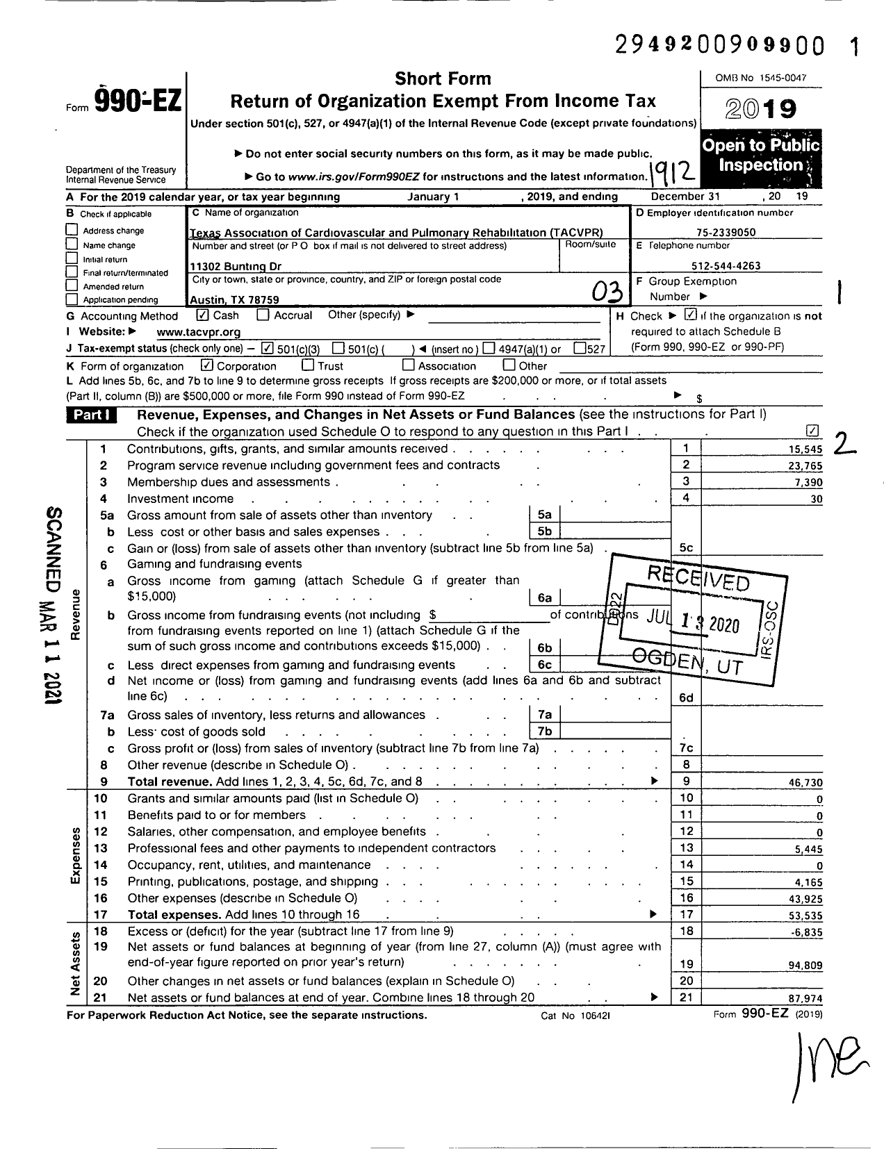 Image of first page of 2019 Form 990EZ for Texas Association of Cardiovascular and Pulmonary Rehabilitation