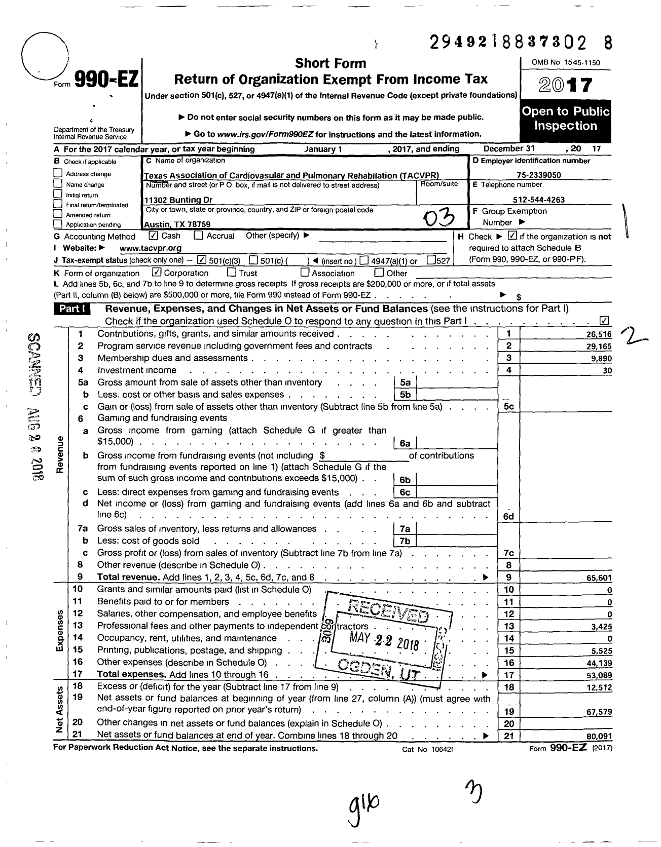 Image of first page of 2017 Form 990EZ for Texas Association of Cardiovascular and Pulmonary Rehabilitation