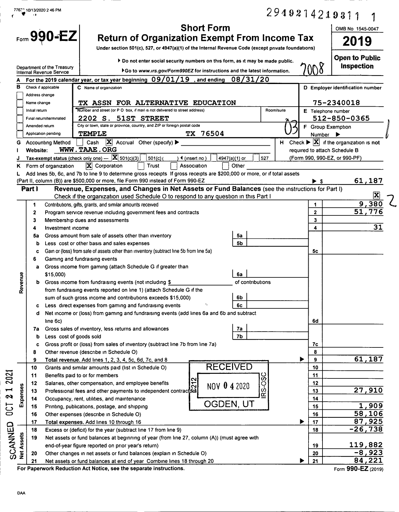 Image of first page of 2019 Form 990EZ for Texas Association for Alternative Education