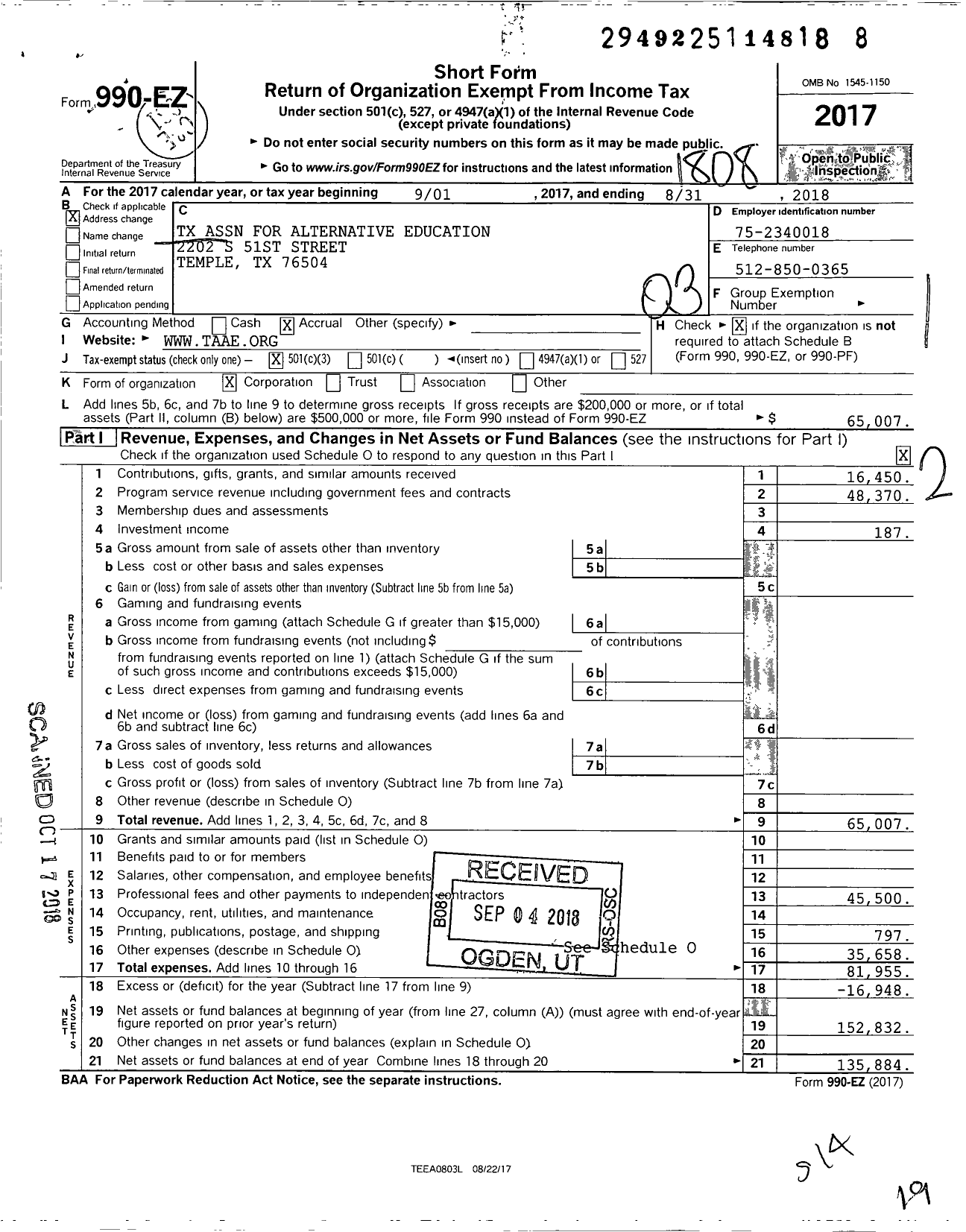 Image of first page of 2017 Form 990EZ for Texas Association for Alternative Education