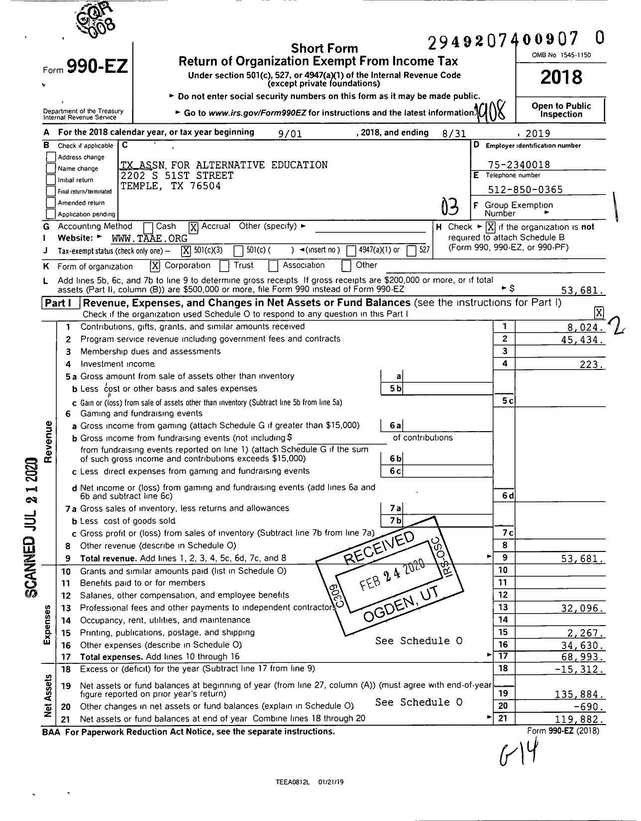 Image of first page of 2018 Form 990EZ for Texas Association for Alternative Education