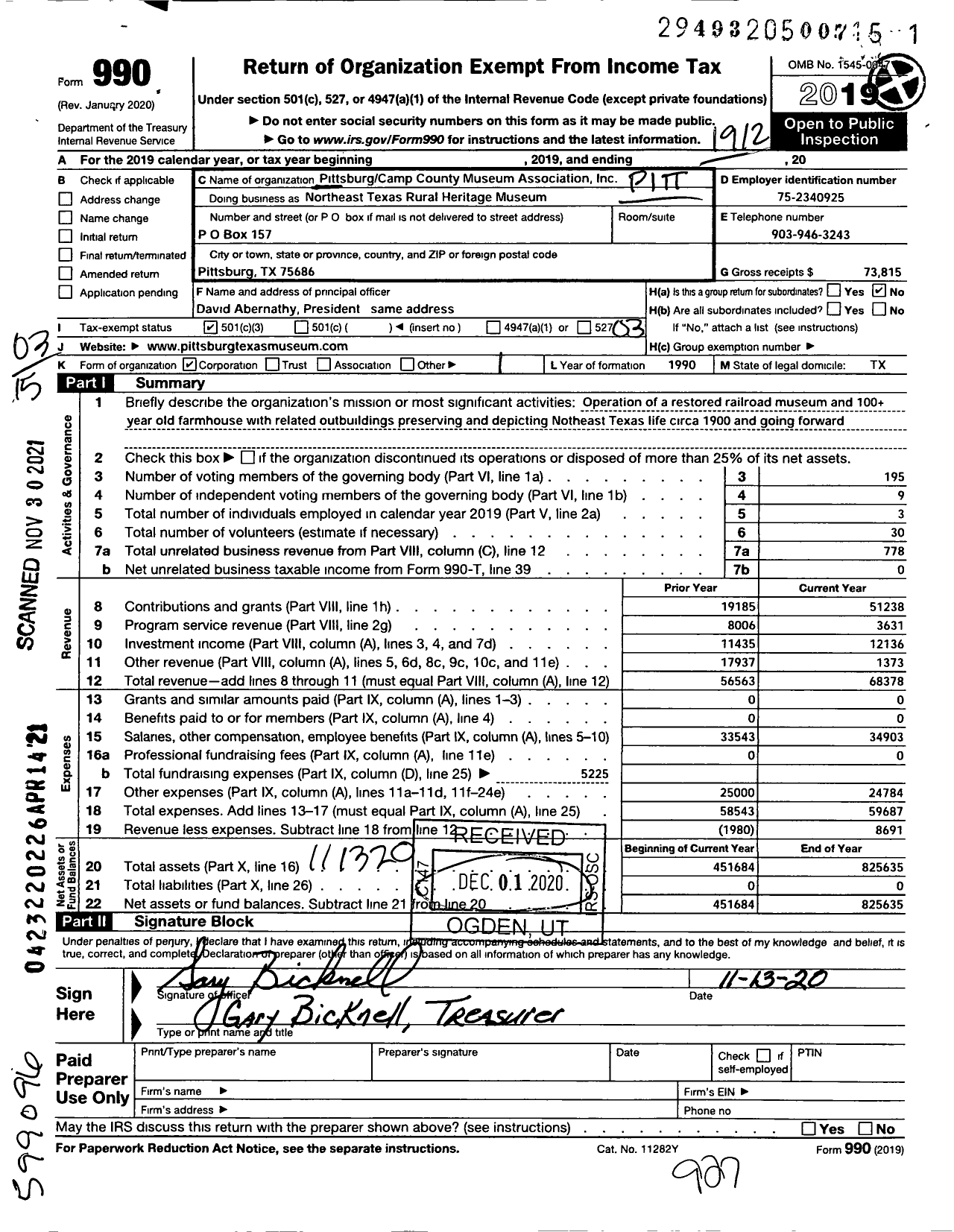 Image of first page of 2019 Form 990 for Pittsburg-Camp County Museum Association Inc Northeast Texas Rural Heritage Museum