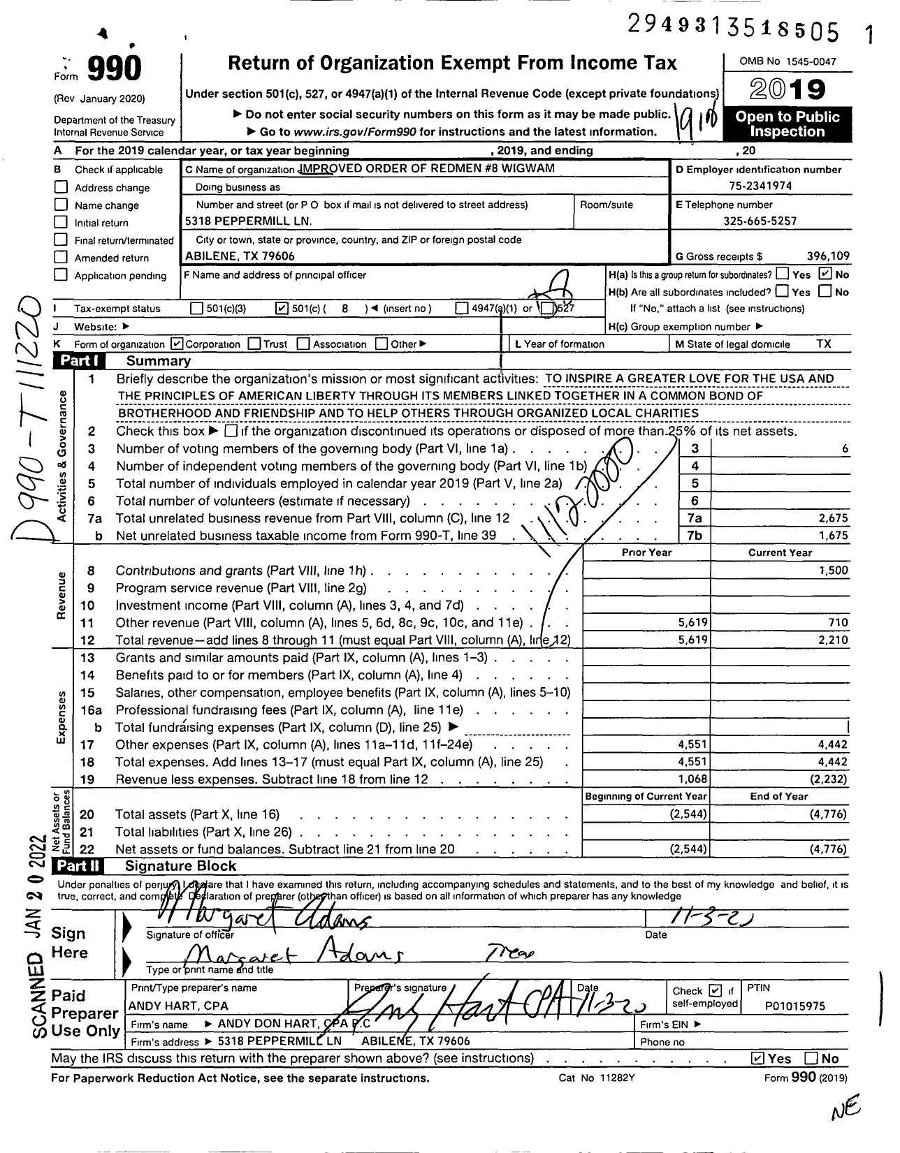 Image of first page of 2019 Form 990O for Improved Order of Red Men of Texas - 8 Wigwam Council