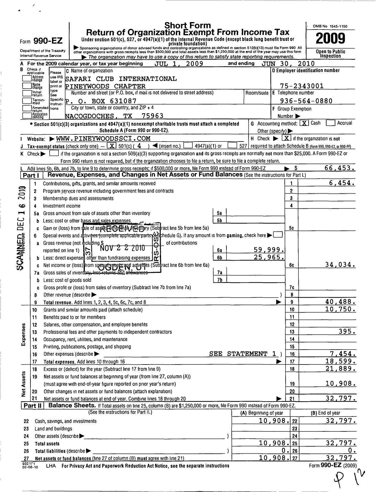 Image of first page of 2009 Form 990EO for Safari Club International / Pineywoods of Deep East Texas Chapt