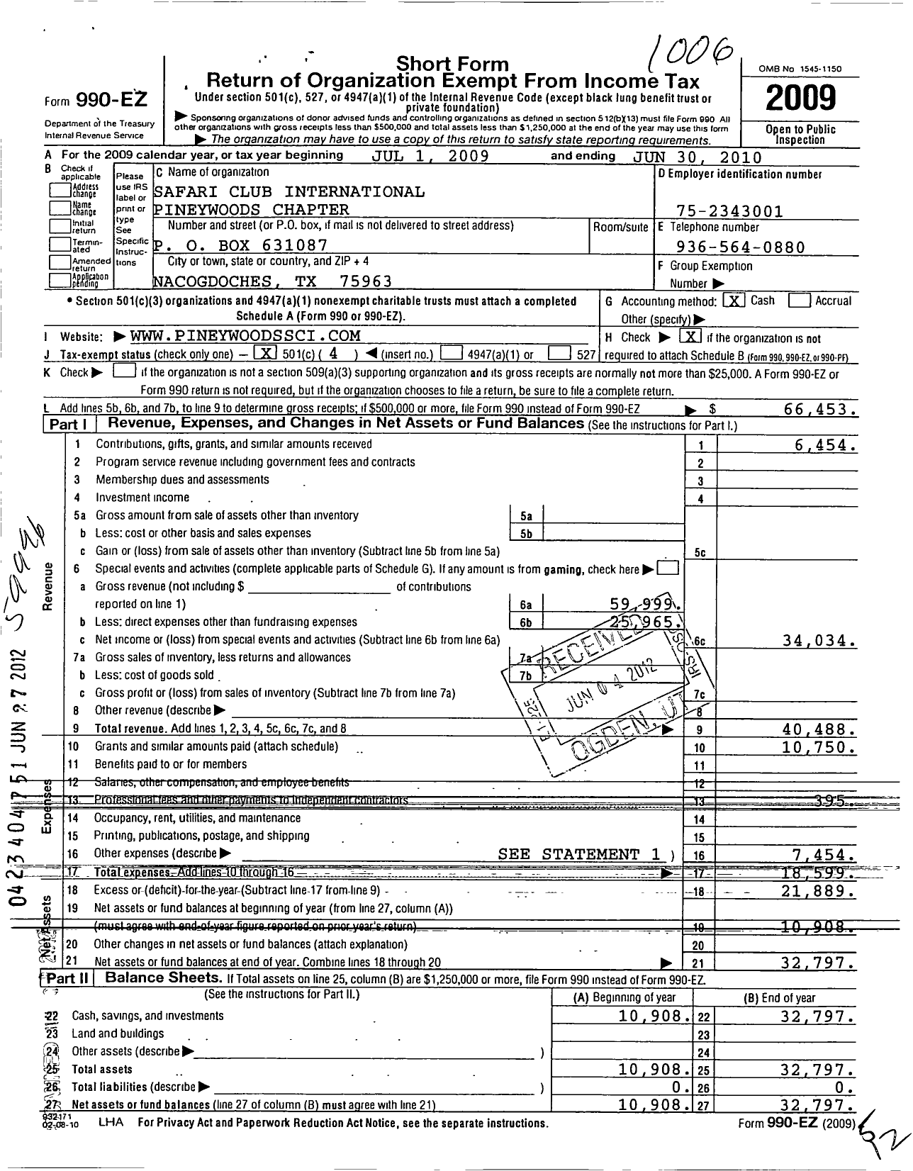 Image of first page of 2009 Form 990EO for Safari Club International / Pineywoods of Deep East Texas Chapt