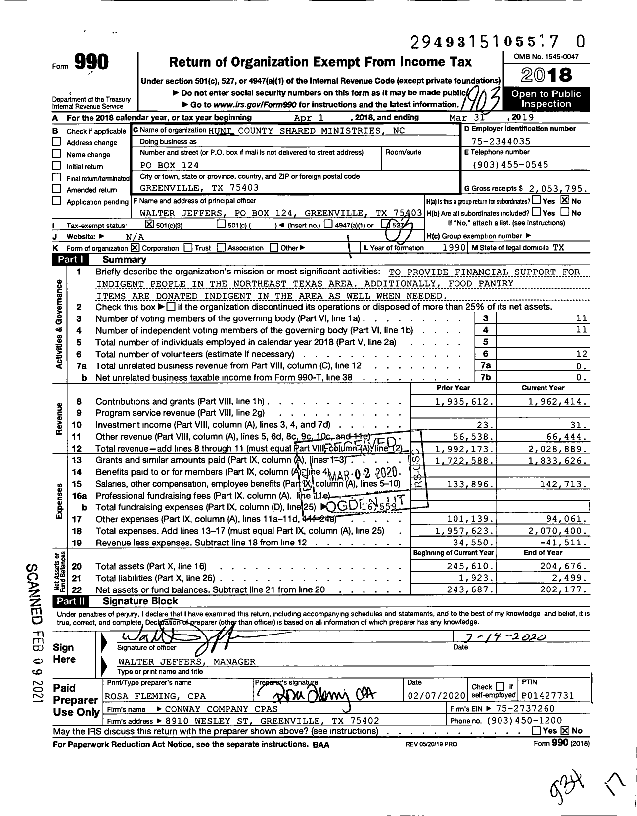 Image of first page of 2018 Form 990 for Hunt County Shared Ministries