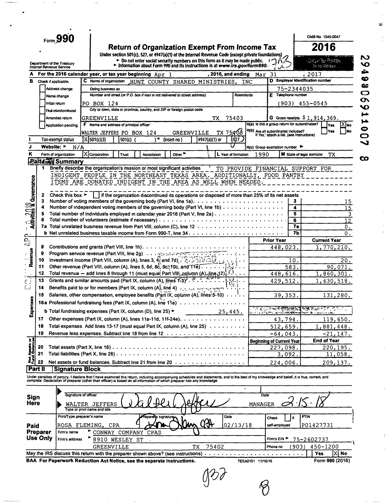 Image of first page of 2016 Form 990 for Hunt County Shared Ministries