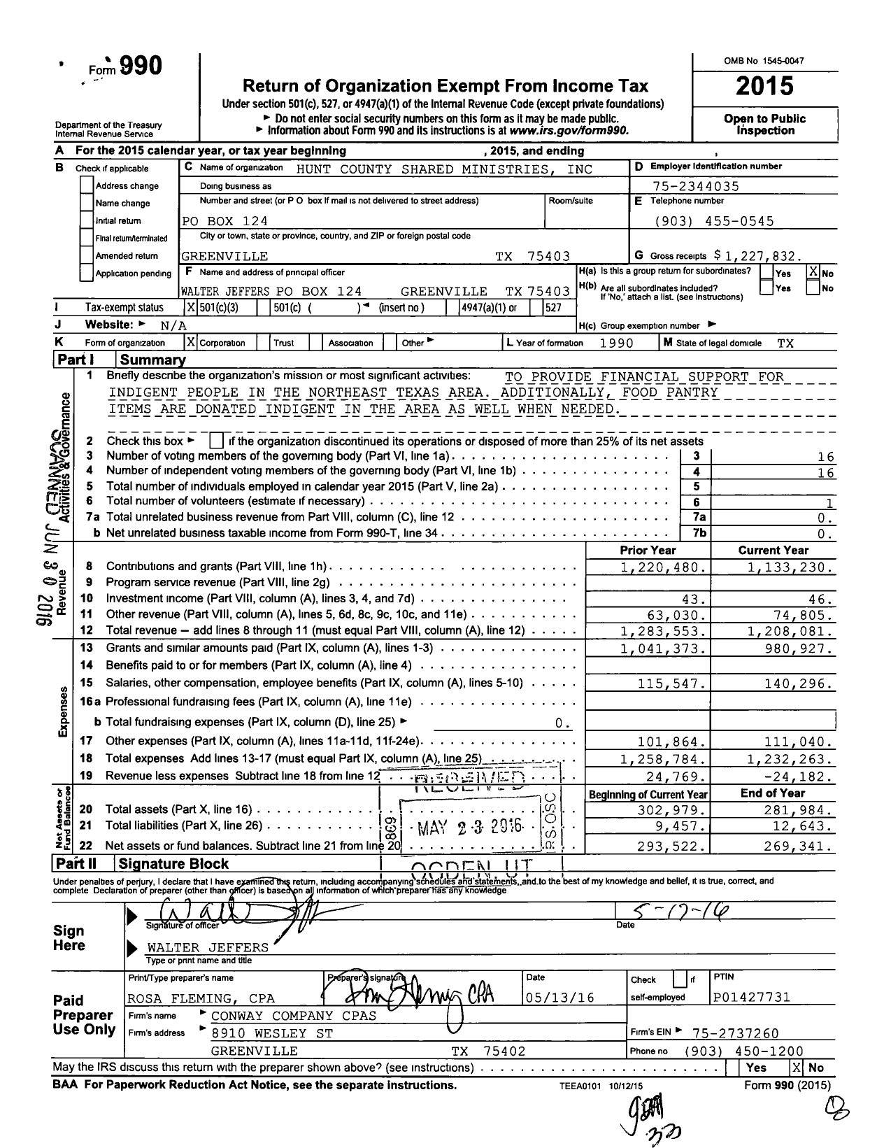 Image of first page of 2015 Form 990 for Hunt County Shared Ministries