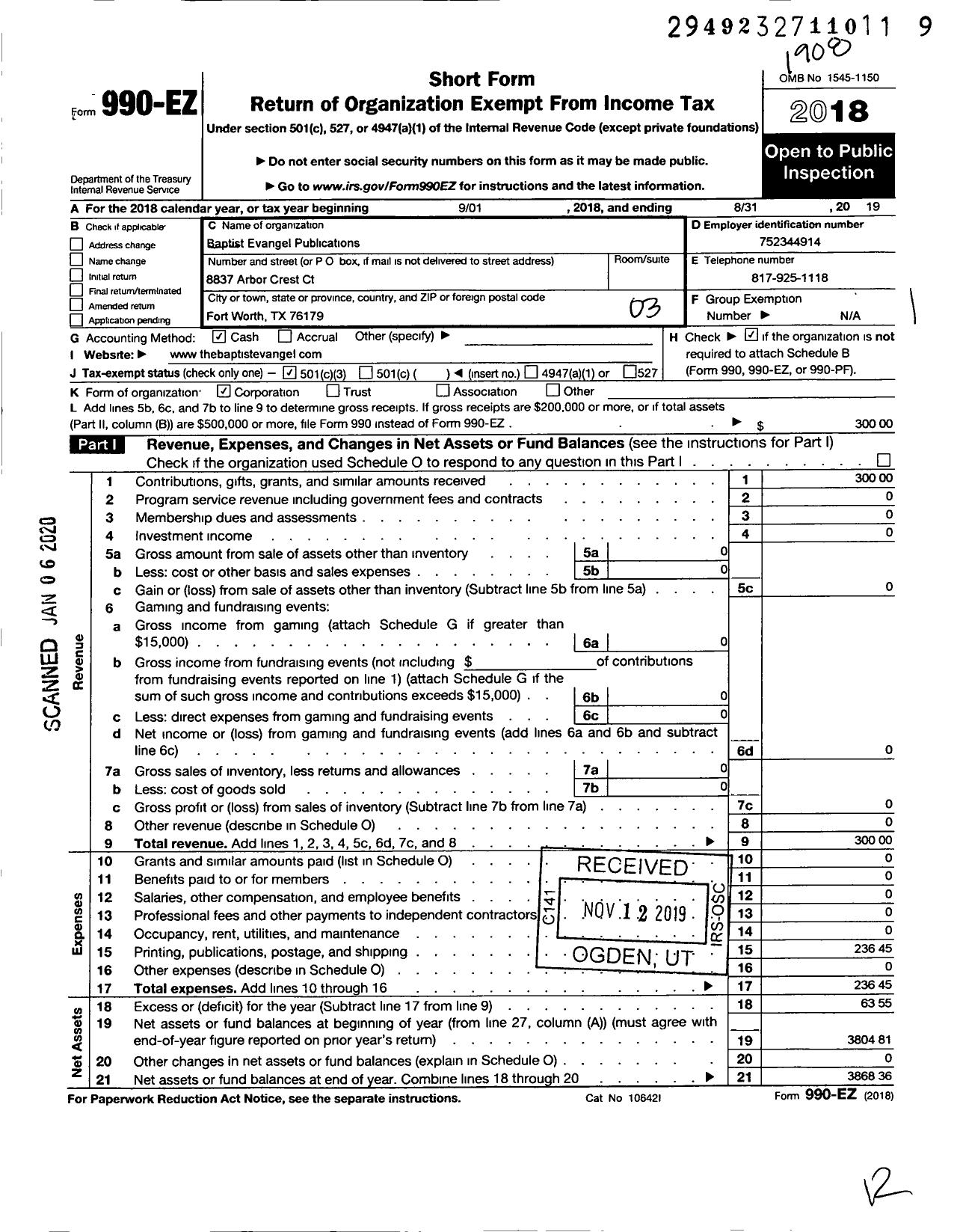 Image of first page of 2018 Form 990EZ for Baptist Evangel Publications