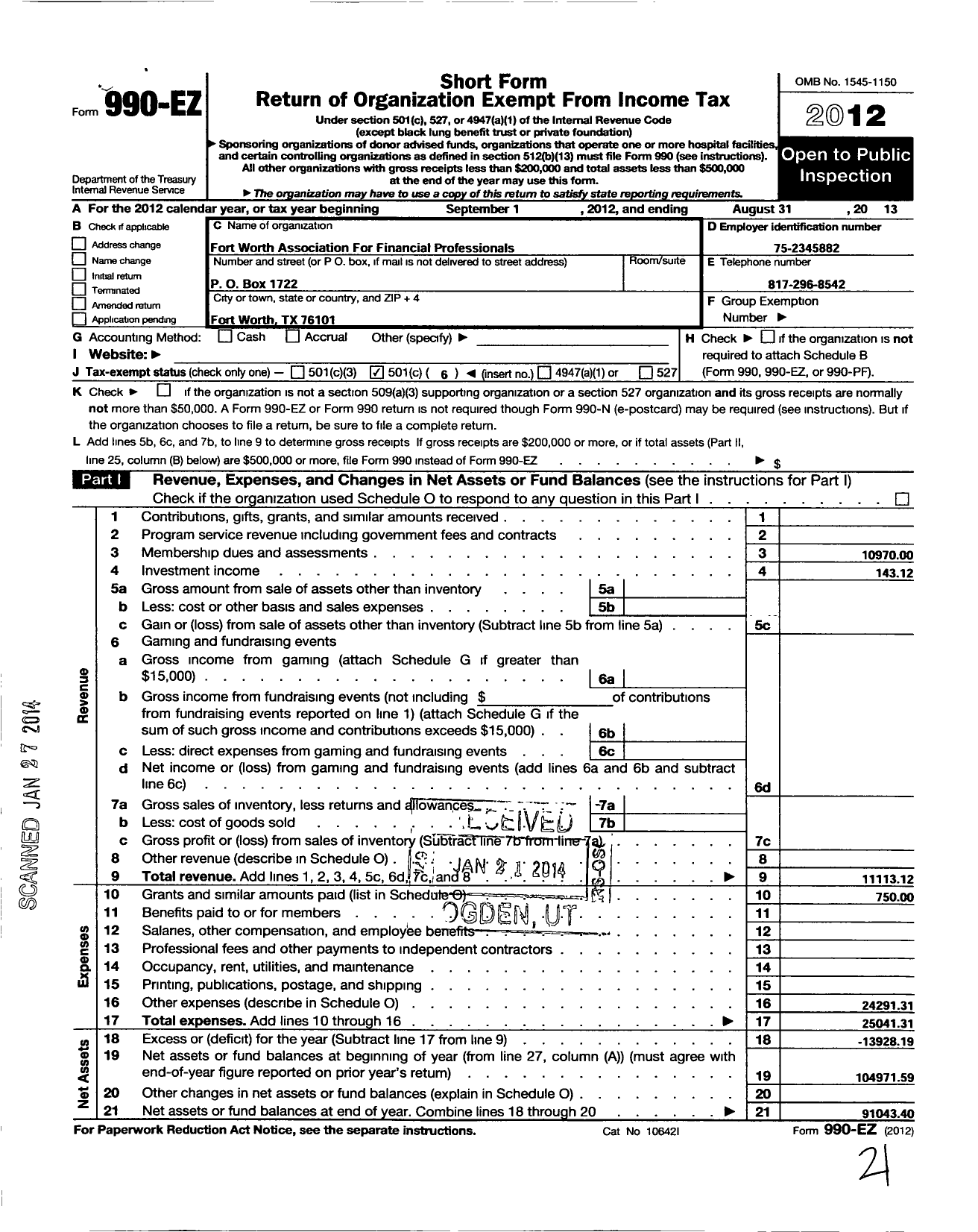 Image of first page of 2012 Form 990EO for Fort Worth Association for Financial Professionals