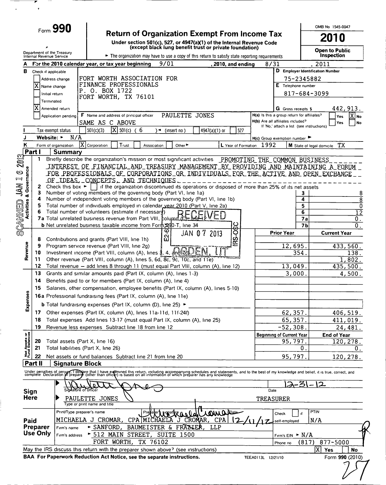 Image of first page of 2010 Form 990O for Fort Worth Association for Financial Professionals