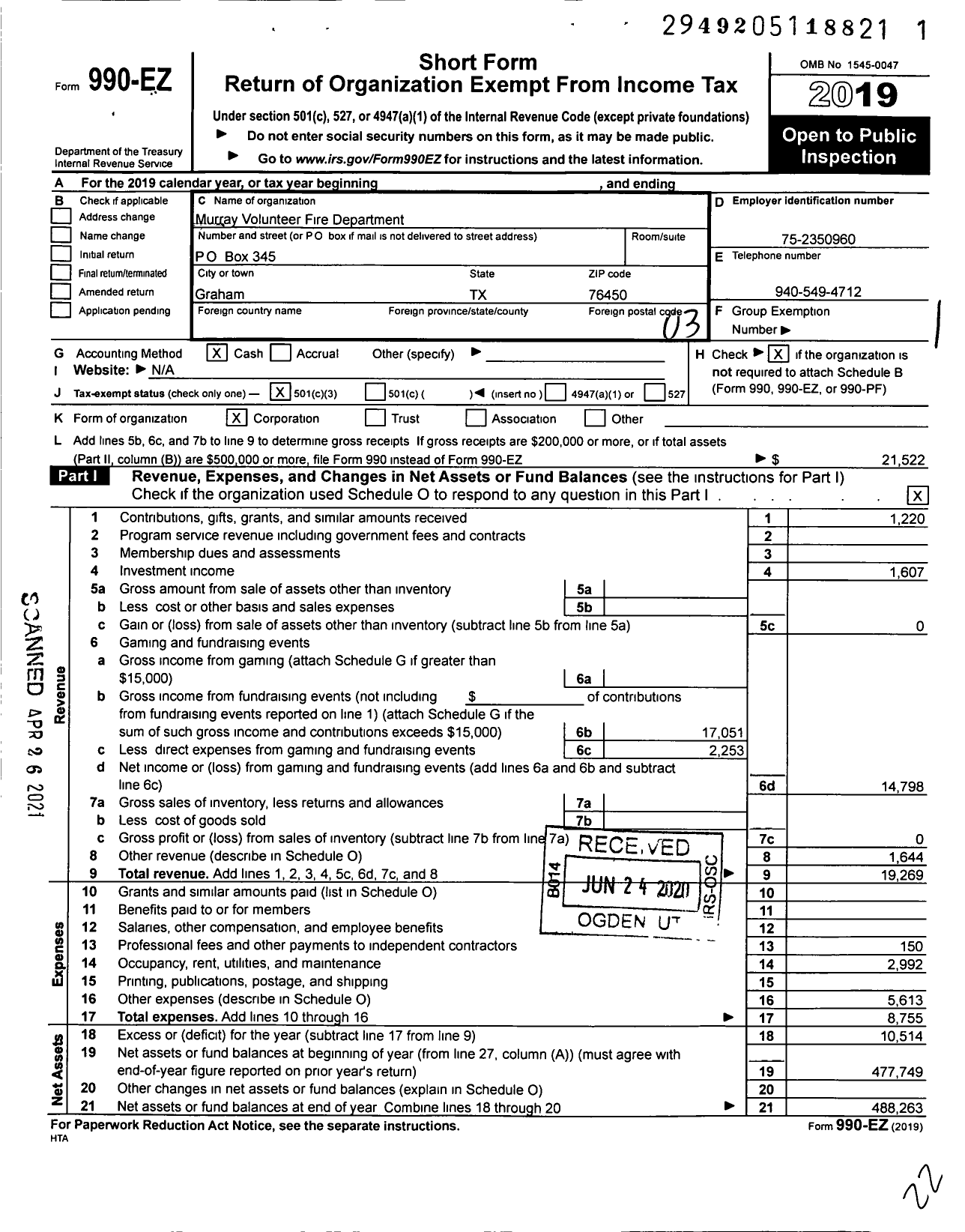 Image of first page of 2019 Form 990EZ for Murray Volunteer Fire Department