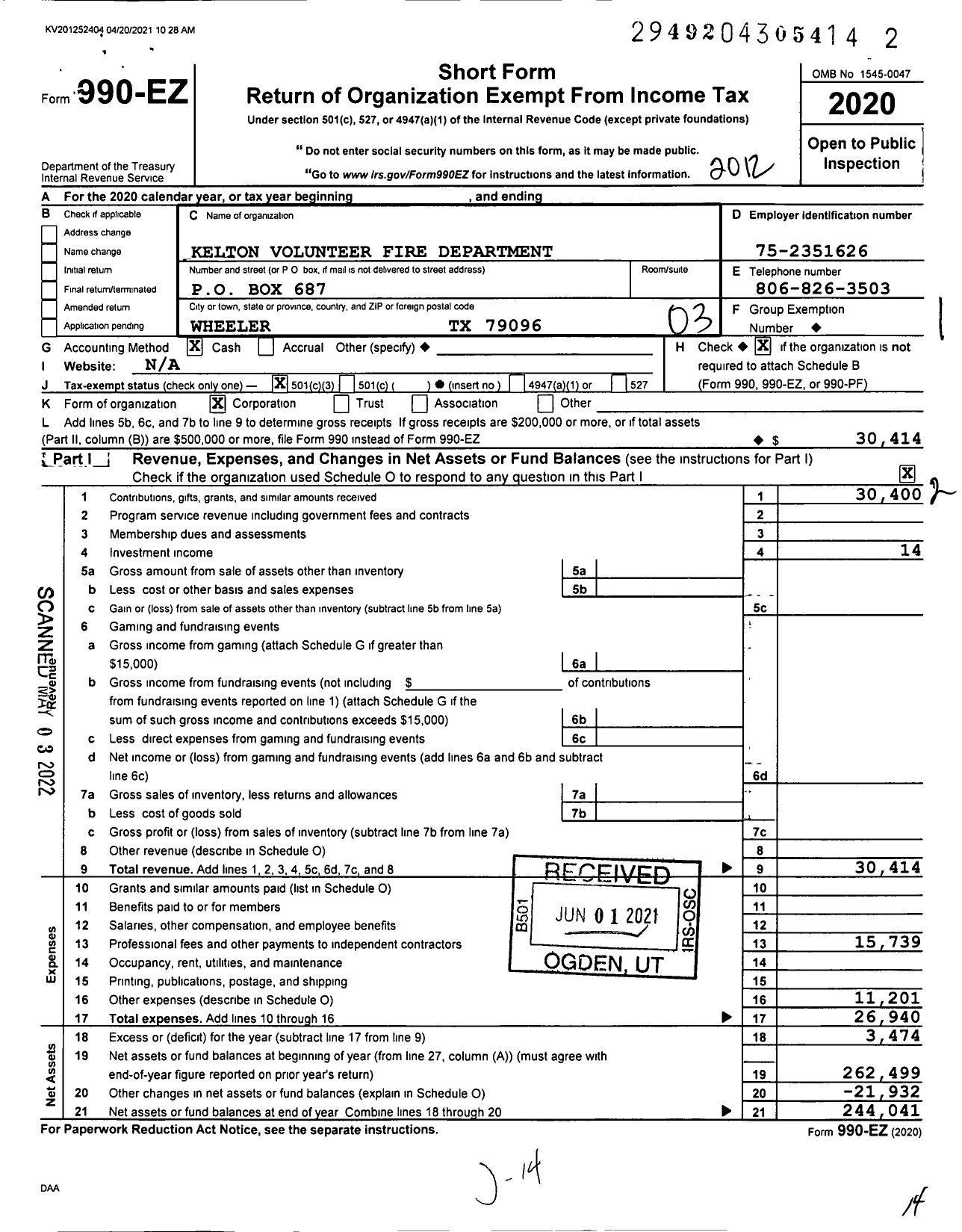 Image of first page of 2020 Form 990EZ for Kelton Volunteer Fire Department